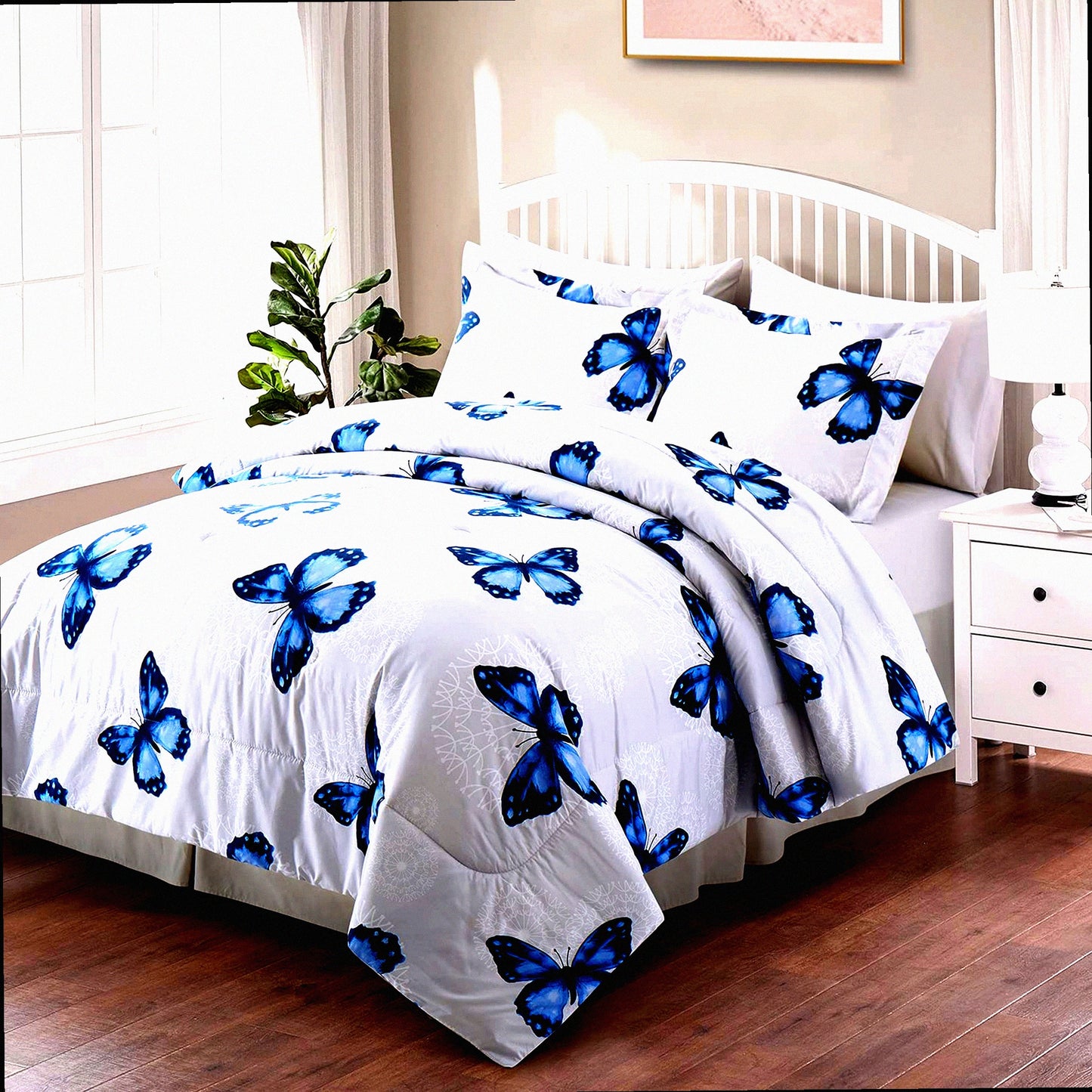 Blue Butterfly Dreams 6-Piece Twin Bedding Set - Comforter, Shams, Sheets, Skirt, Pillowcases - Floral Pattern Bed in A Bag