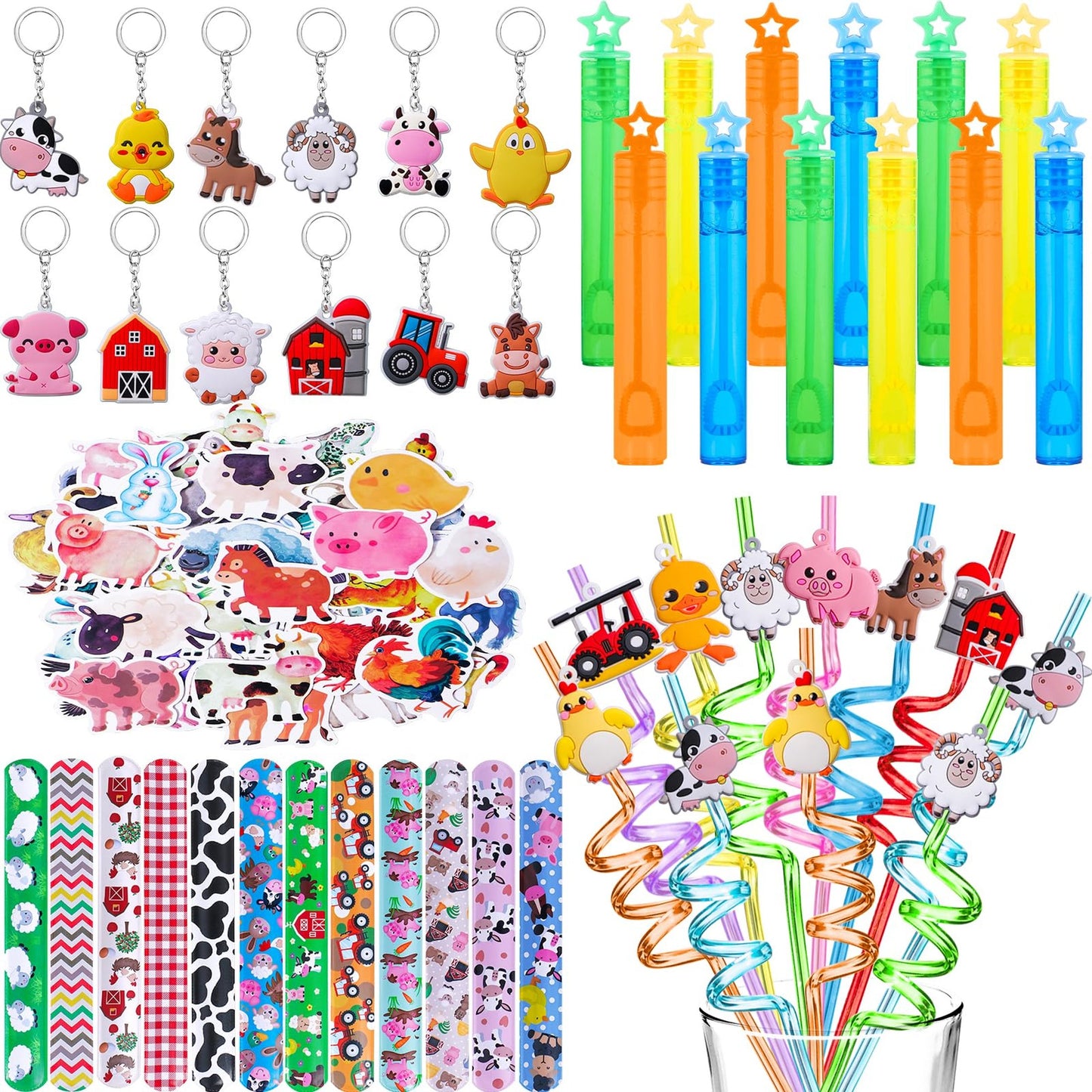 Farm Fun Party Pack - 98-Piece Barnyard Birthday Bash Kit with Straws, Bubble Wands, Bracelets, Keychains, Stickers, and More! Perfect for Kids' Goodie Bags!