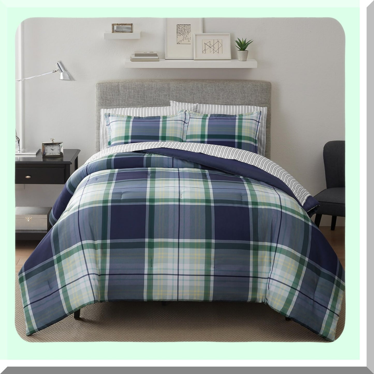 Plaid Comfort Queen Bedding Set - Soft & Cozy 7-Piece Complete Bed in A Bag with Sheets & Pillowcase for All Seasons - Simply Clean Design