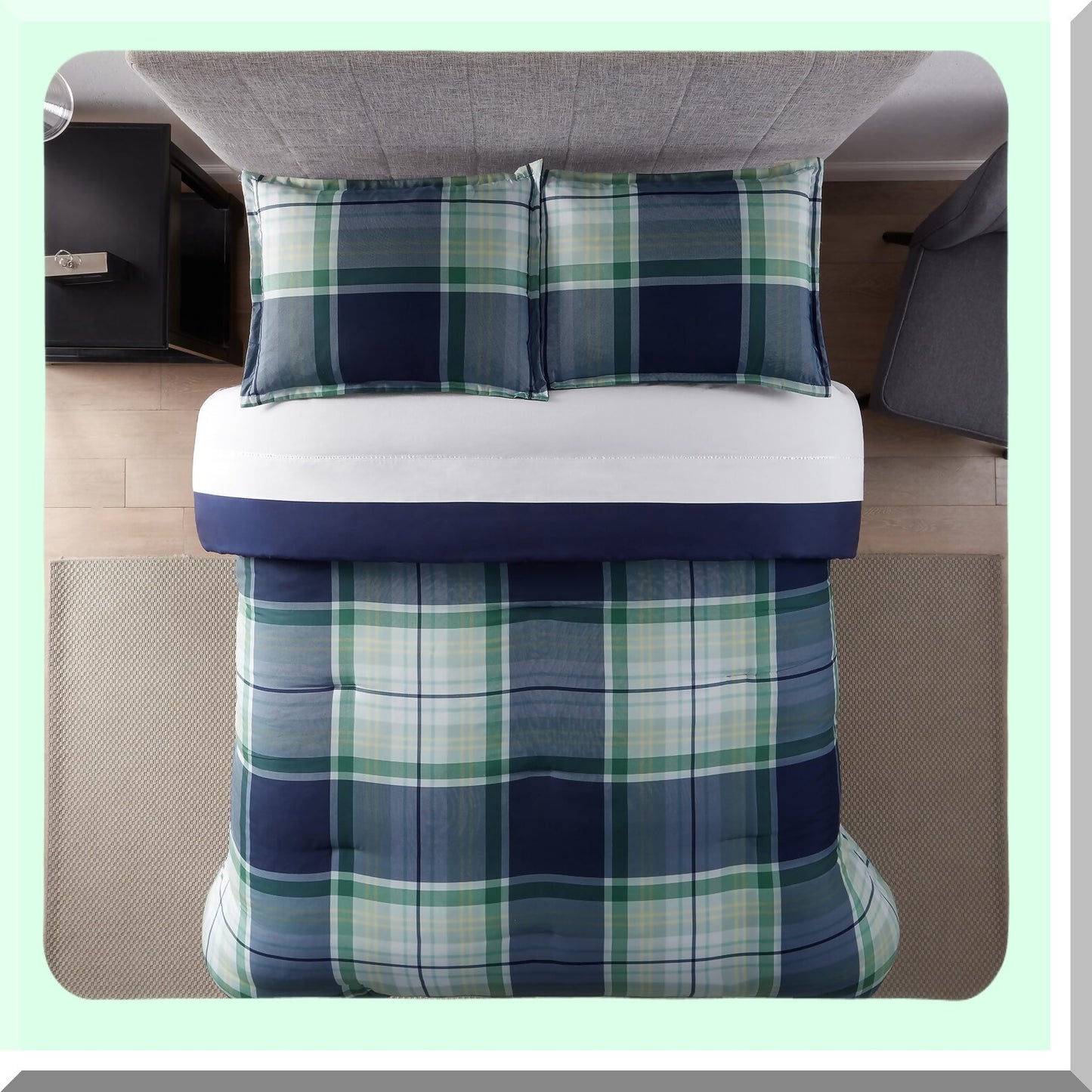 Plaid Comfort Queen Bedding Set - Soft & Cozy 7-Piece Complete Bed in A Bag with Sheets & Pillowcase for All Seasons - Simply Clean Design