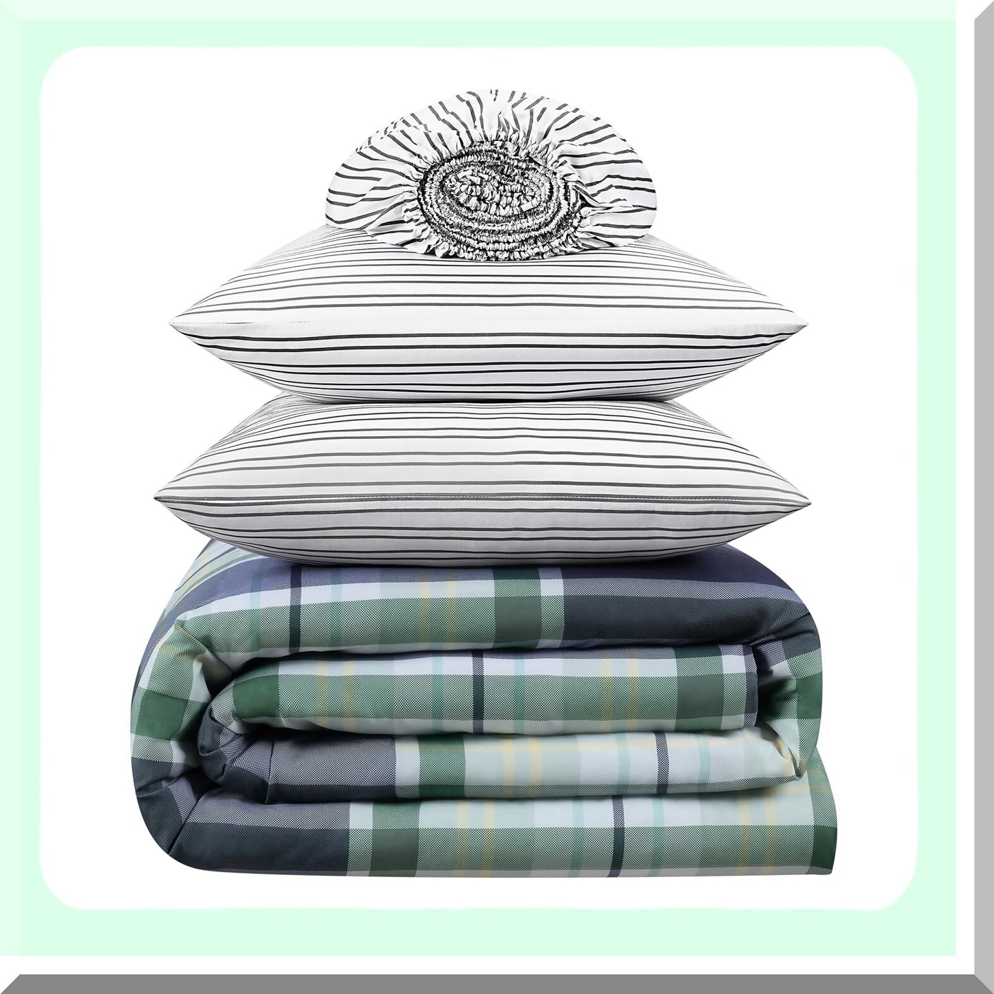 Plaid Comfort Queen Bedding Set - Soft & Cozy 7-Piece Complete Bed in A Bag with Sheets & Pillowcase for All Seasons - Simply Clean Design