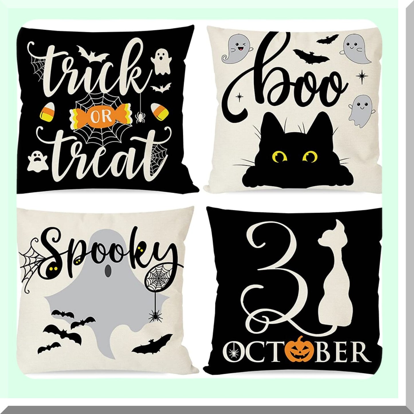 Halloween Spooky Pillow Covers Set - Black Cat Ghost Candy Corn Trick or Treat Decorative Throw Cases - Fall Indoor Outdoor Decor - 18x18 Set of 4