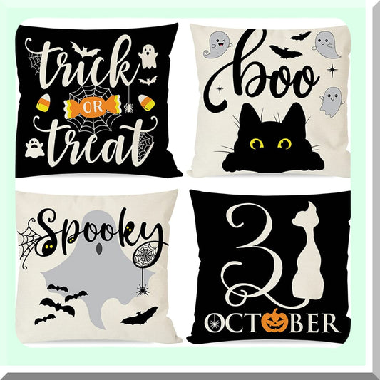 Halloween Spooky Pillow Covers Set - Black Cat Ghost Candy Corn Trick or Treat Decorative Throw Cases - Fall Indoor Outdoor Decor - 18x18 Set of 4