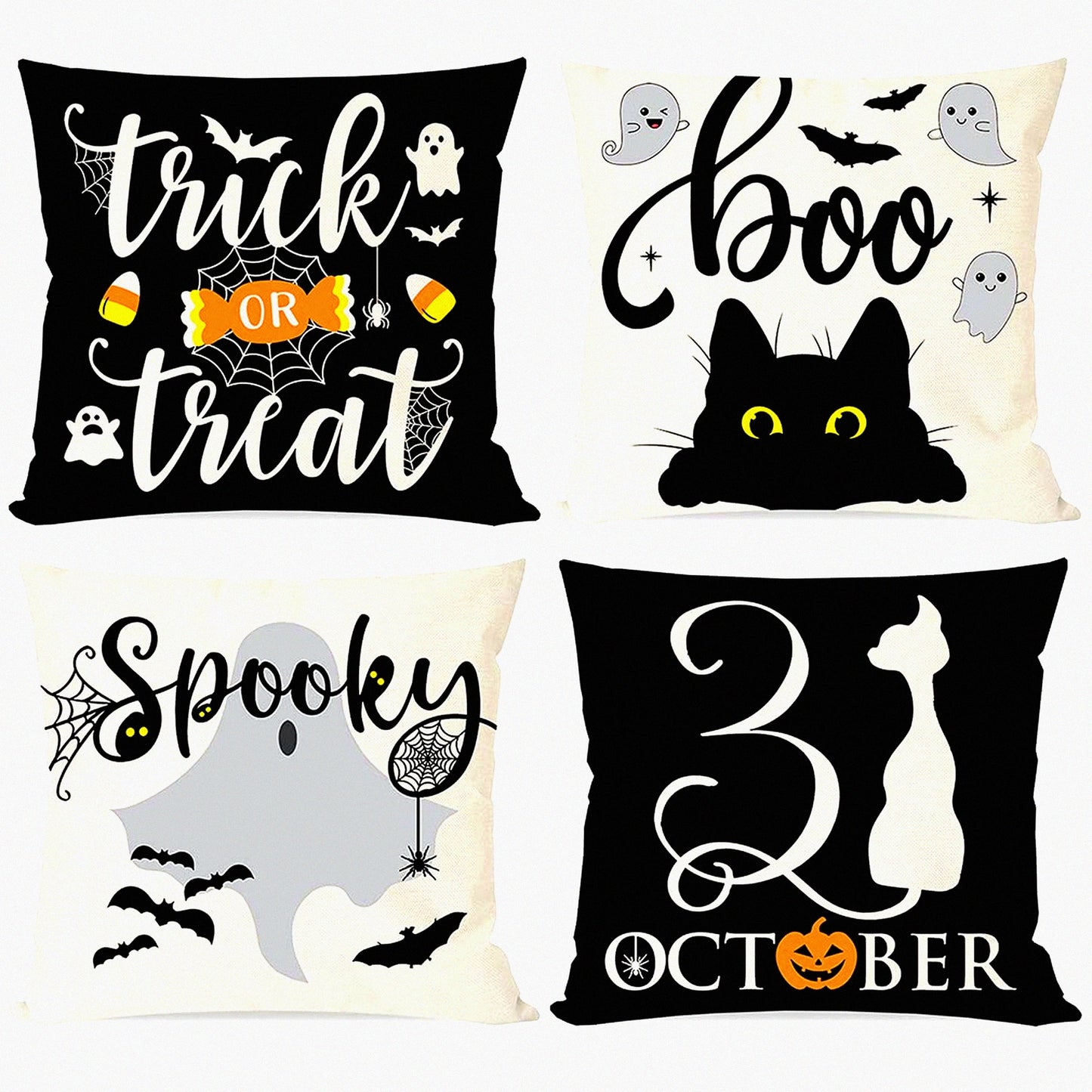 Halloween Spooky Pillow Covers Set - Black Cat Ghost Candy Corn Trick or Treat Decorative Throw Cases - Fall Indoor Outdoor Decor - 18x18 Set of 4