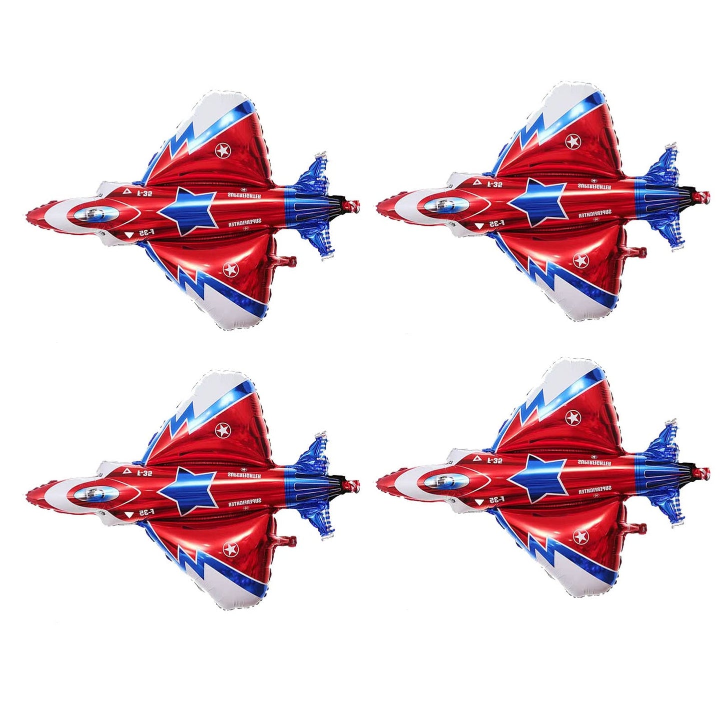 Airplane Adventure Balloons - Set of 4 Fighter Jet Shaped Mylar Balloons for Baby Shower, Boys Birthday Party Decorations. Fly high with these fun balloons!