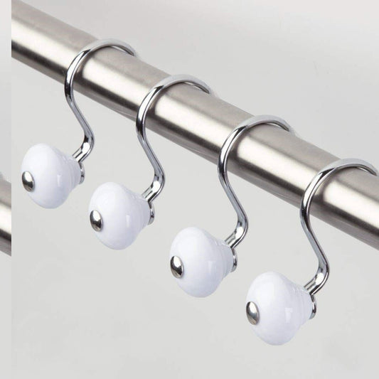 Set of 12 White and Chrome Shower Curtain Hooks