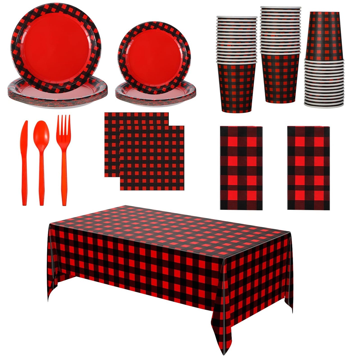 Red Checkered Party Pack - 162 Piece Set for 20 Guests - Includes Tablecloth, Tableware, Plates, Cups, Napkins, Knives, Forks, and Spoons - Black and Red Plaid Theme