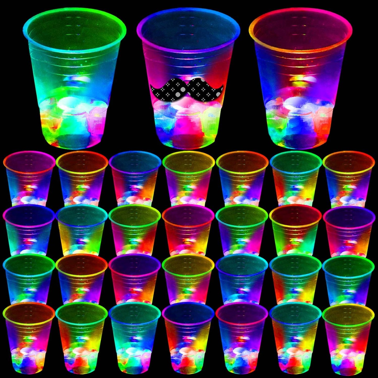 Glow Party Fun Pack - 40 Pcs 16oz Flashing Color Cups with Funny Stickers for Indoor Outdoor Night Events. Light Up your Party with Glow Cups!