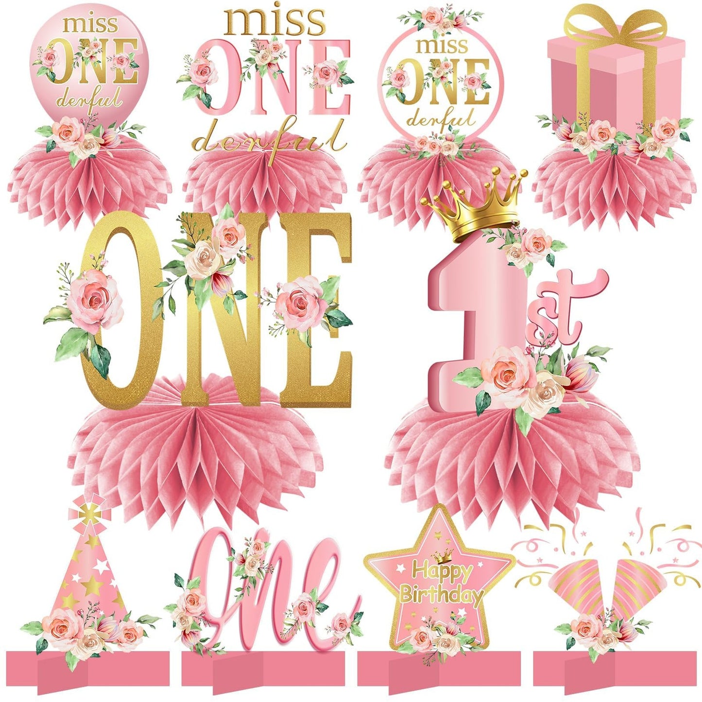 Rose Gold Floral 1st Birthday Honeycomb Centerpieces - Set of 10 Pink Table Decorations for Baby Girls - Miss Onederful Party Supplies and Topper Sign