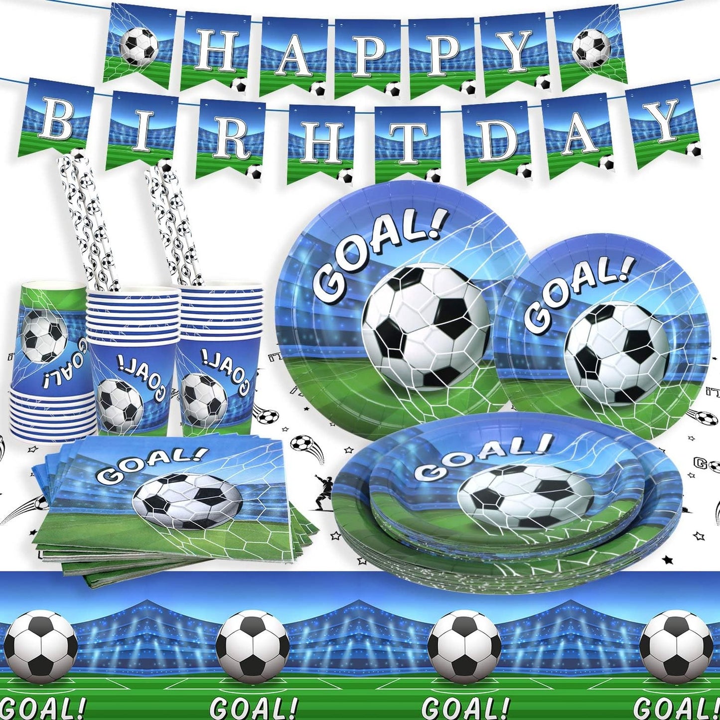 Soccer Blast Party Pack - Complete Tableware Set for 25 Guests, 127 Pieces of Soccer Birthday Decorations including Plates, Napkins, Straws, Cups, Tablecloth, and Banner. Perfect for Men and Boys Birthday Celebration!