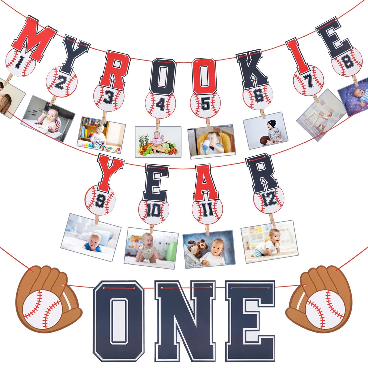 Rookie Year Sports Photo Banner Set - 1st Birthday High Chair & Monthly Picture Banners for Baseball Theme Party Decorations & Shower Supplies