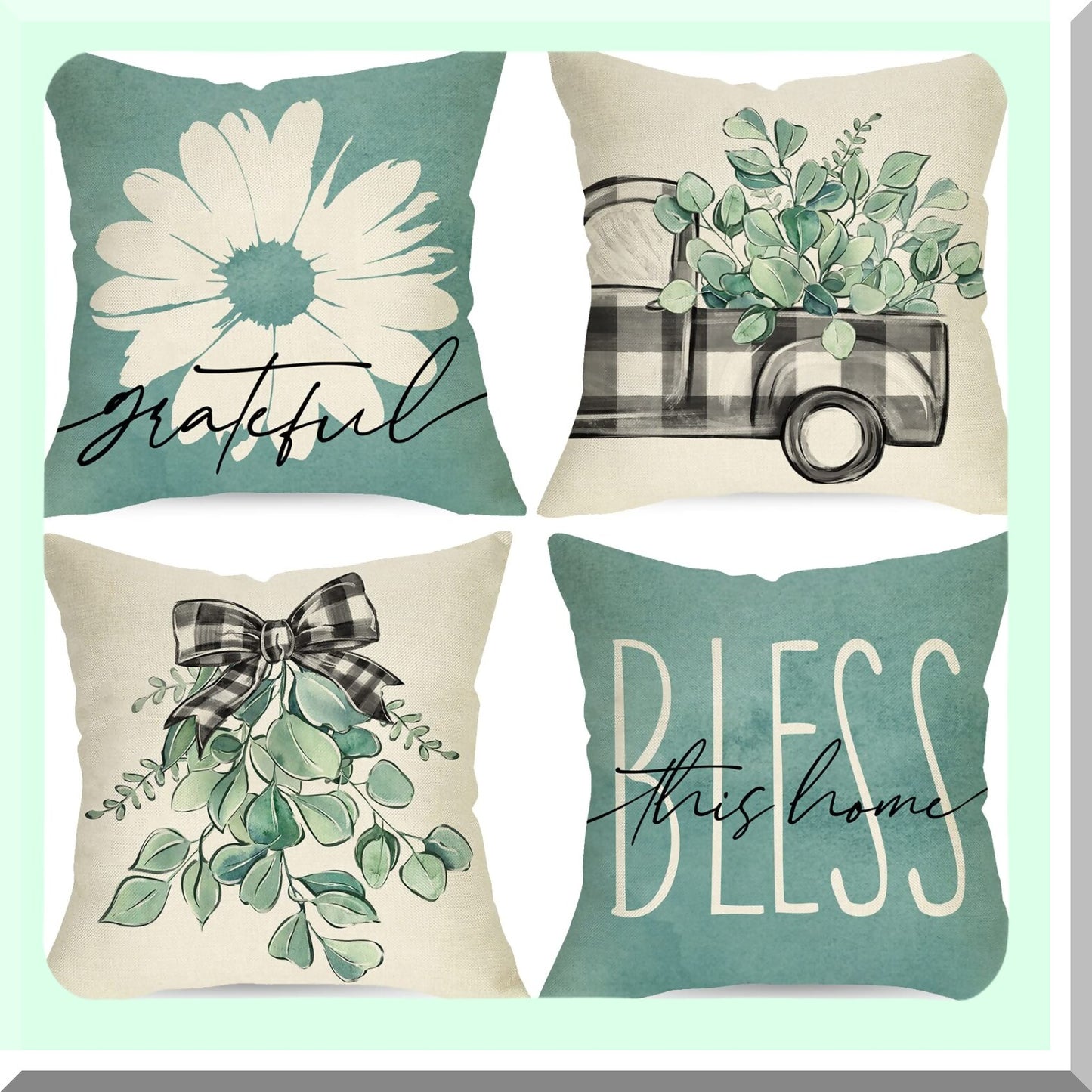 Eucalyptus Daisy Farmhouse Pillow Covers - Set of 4, Sage Green Cushion Case Decor - Bless Home Seasonal Sofa Decoration - Spring Summer Buffalo Plaid Truck Couch Accent