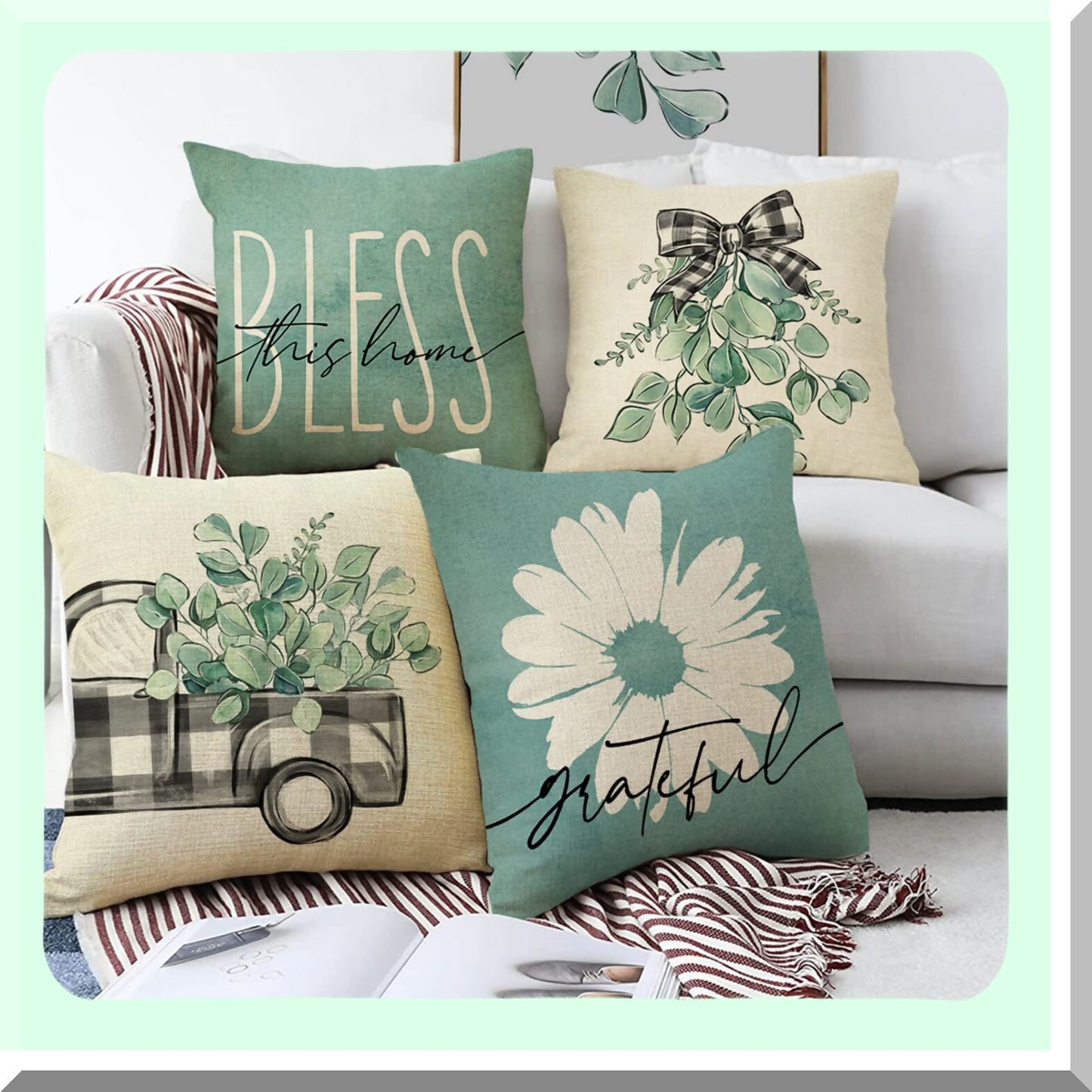 Eucalyptus Daisy Farmhouse Pillow Covers - Set of 4, Sage Green Cushion Case Decor - Bless Home Seasonal Sofa Decoration - Spring Summer Buffalo Plaid Truck Couch Accent