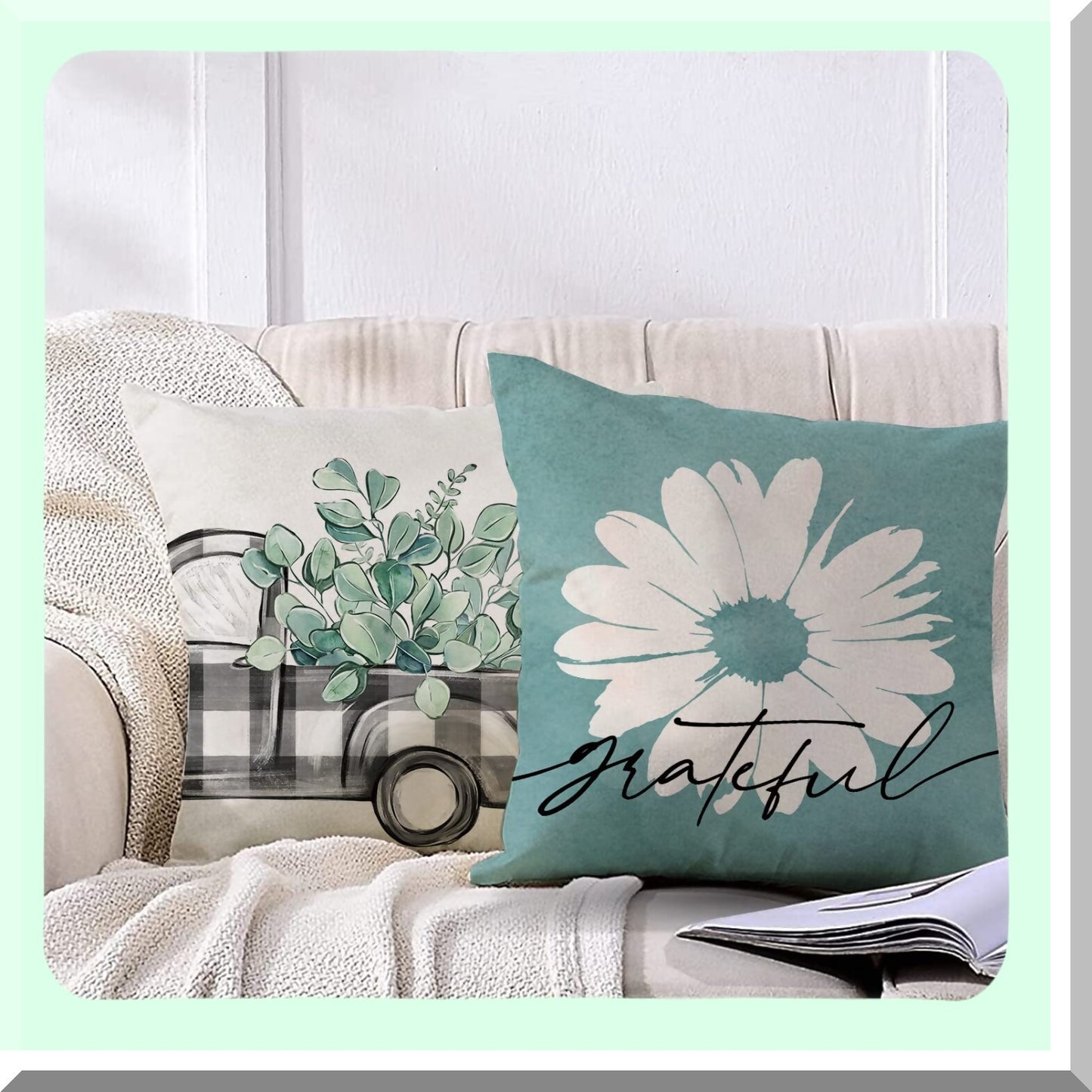 Eucalyptus Daisy Farmhouse Pillow Covers - Set of 4, Sage Green Cushion Case Decor - Bless Home Seasonal Sofa Decoration - Spring Summer Buffalo Plaid Truck Couch Accent