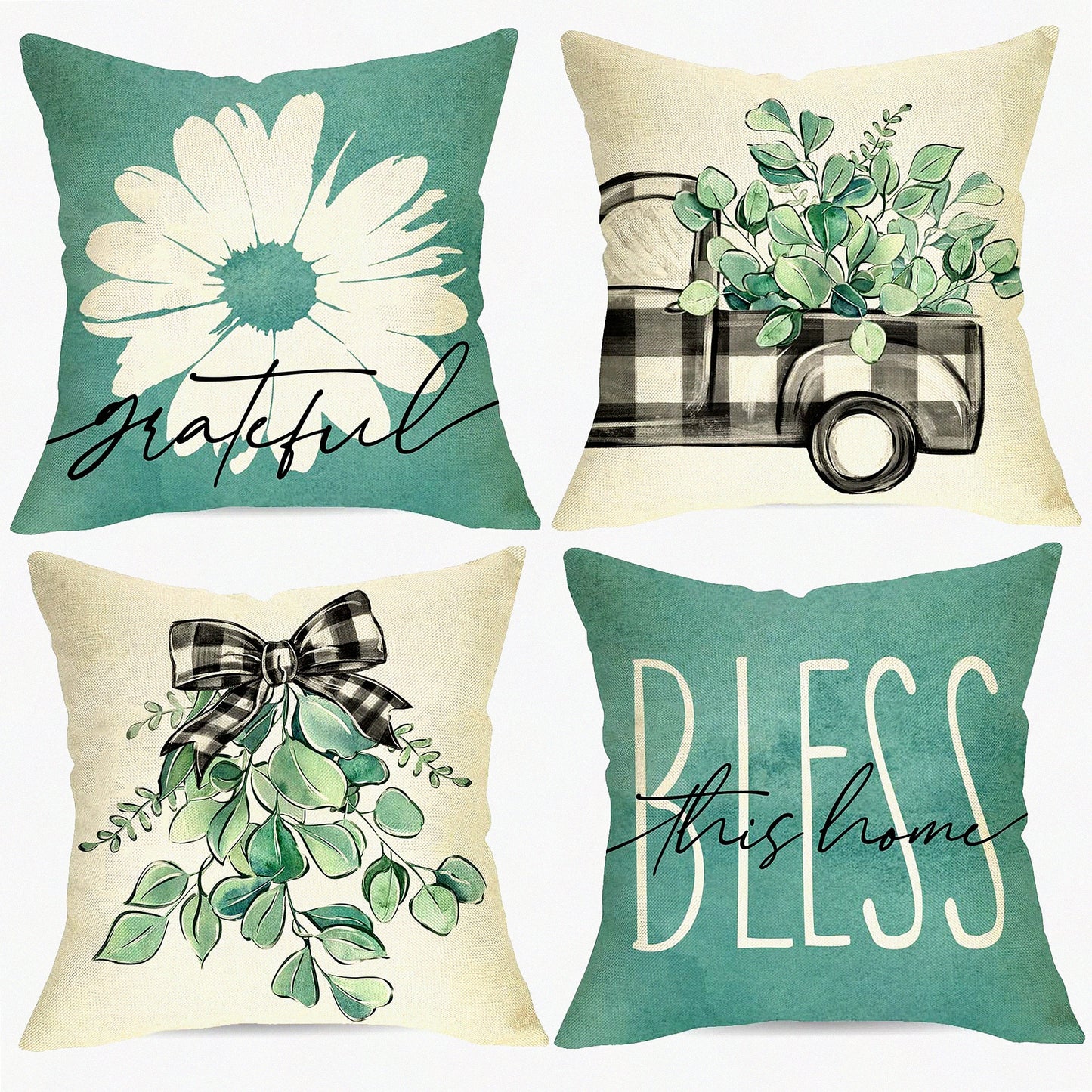 Eucalyptus Daisy Farmhouse Pillow Covers - Set of 4, Sage Green Cushion Case Decor - Bless Home Seasonal Sofa Decoration - Spring Summer Buffalo Plaid Truck Couch Accent