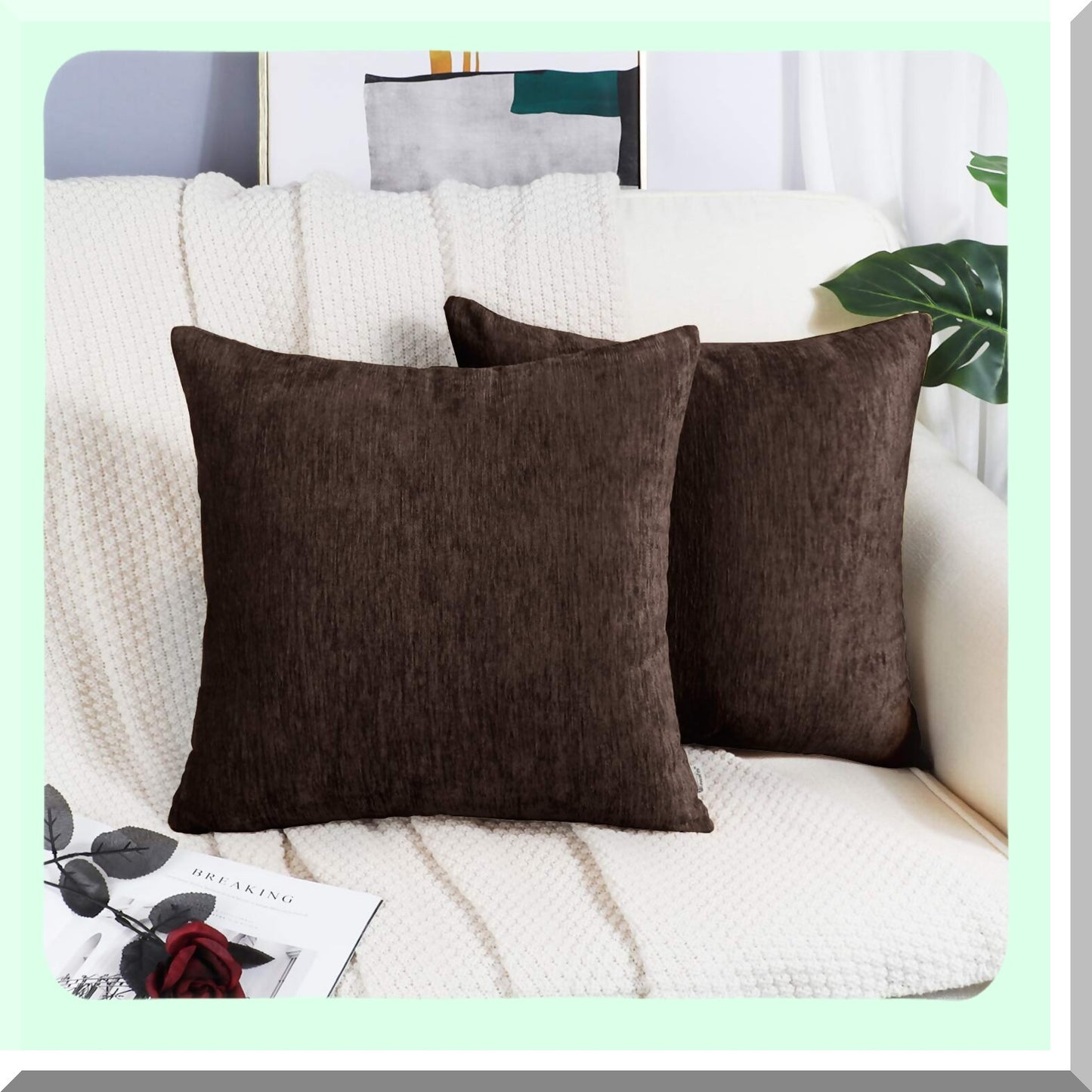 Coffee Chenille 16x16 Throw Pillow Covers - Pack of 2 | Solid Dyed Soft Chenille Cases for Couch Sofa Bed | Home Decoration Essentials