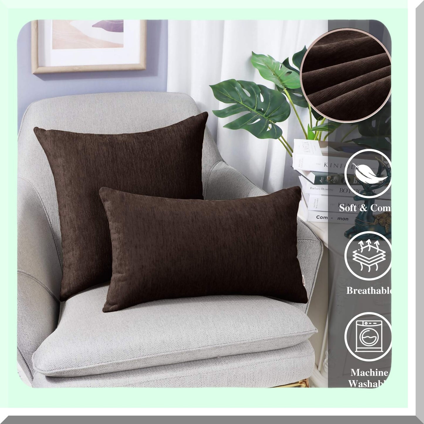 Coffee Chenille 16x16 Throw Pillow Covers - Pack of 2 | Solid Dyed Soft Chenille Cases for Couch Sofa Bed | Home Decoration Essentials