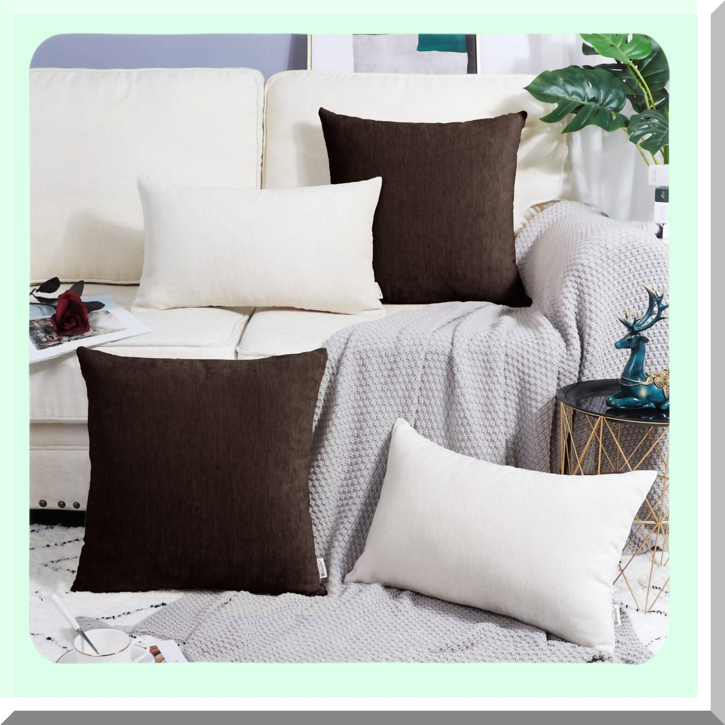 Coffee Chenille 16x16 Throw Pillow Covers - Pack of 2 | Solid Dyed Soft Chenille Cases for Couch Sofa Bed | Home Decoration Essentials