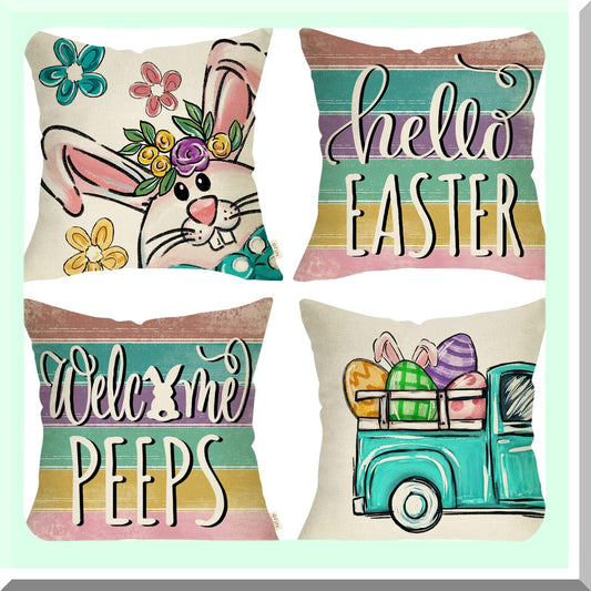 Spring Bunny Farmhouse Pillow Covers - Set of 4, Retro Porch Decor, Floral Stripes Holiday Cushion Case - 18 x 18 Outdoor Home Decor for Sofa