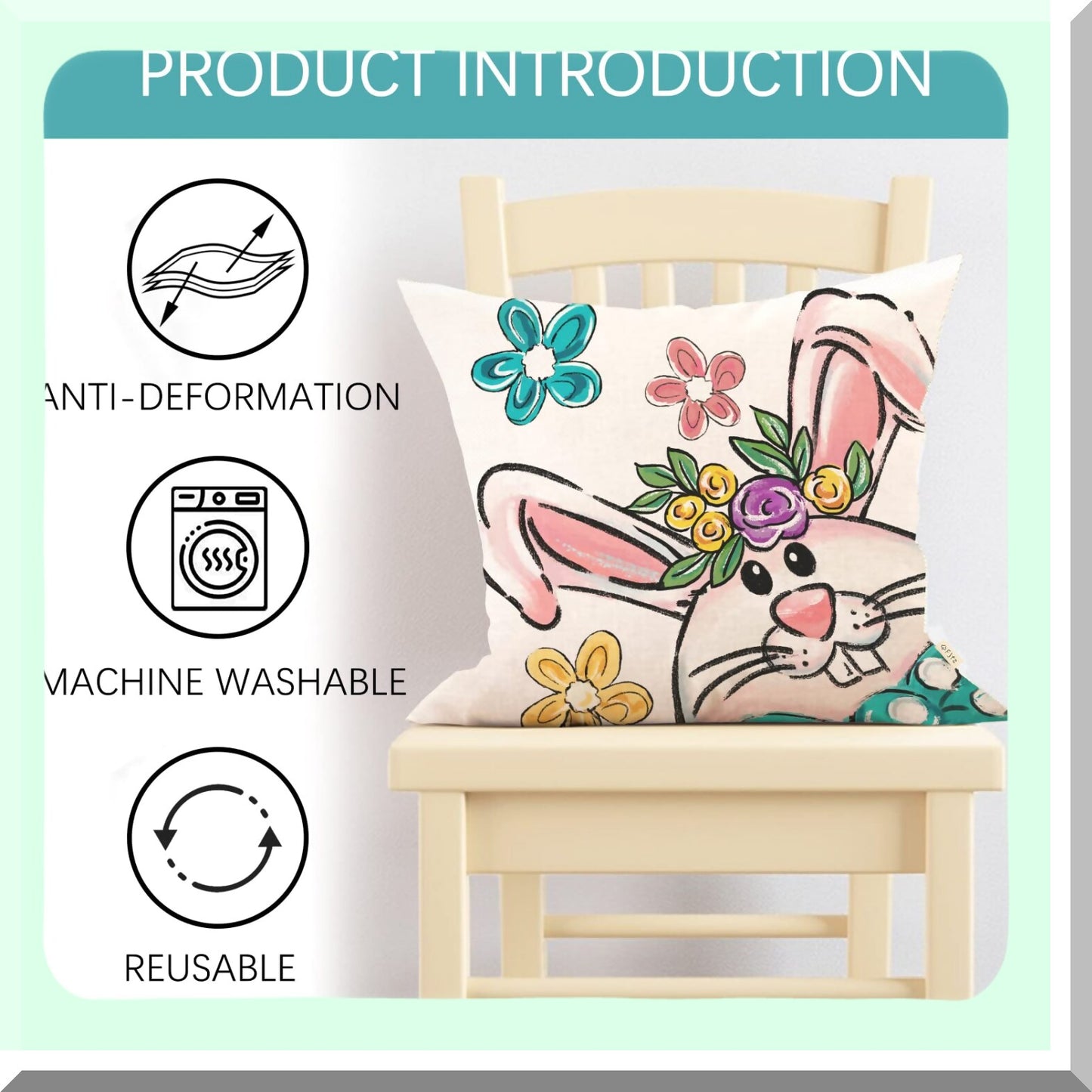 Spring Bunny Farmhouse Pillow Covers - Set of 4, Retro Porch Decor, Floral Stripes Holiday Cushion Case - 18 x 18 Outdoor Home Decor for Sofa