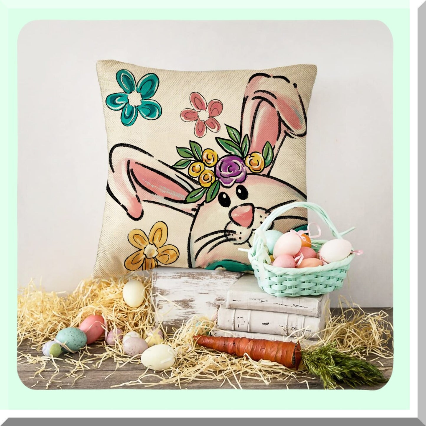 Spring Bunny Farmhouse Pillow Covers - Set of 4, Retro Porch Decor, Floral Stripes Holiday Cushion Case - 18 x 18 Outdoor Home Decor for Sofa