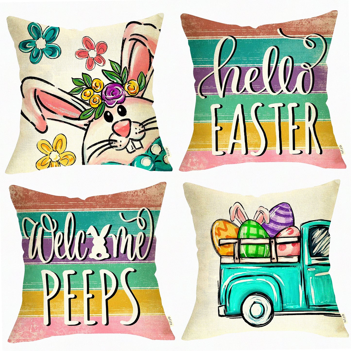 Spring Bunny Farmhouse Pillow Covers - Set of 4, Retro Porch Decor, Floral Stripes Holiday Cushion Case - 18 x 18 Outdoor Home Decor for Sofa