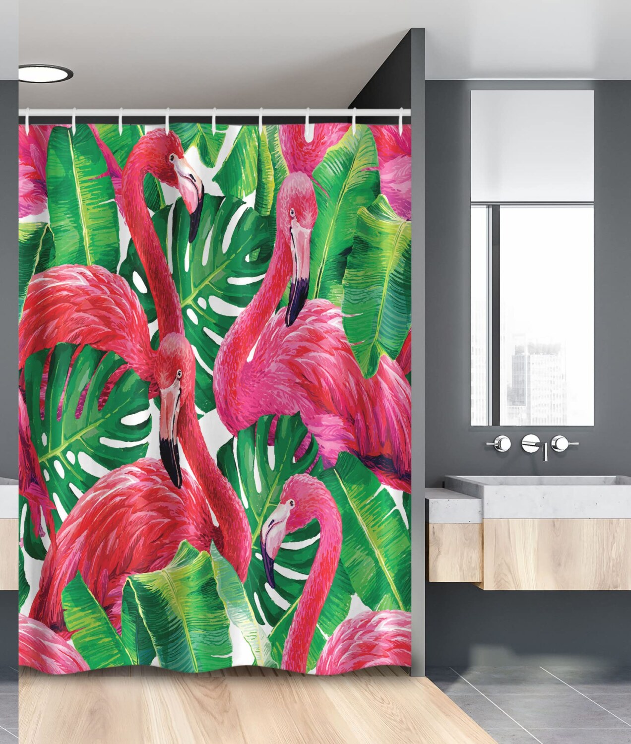 Flamingo Shower Curtain 54x78 Inches Pink Green