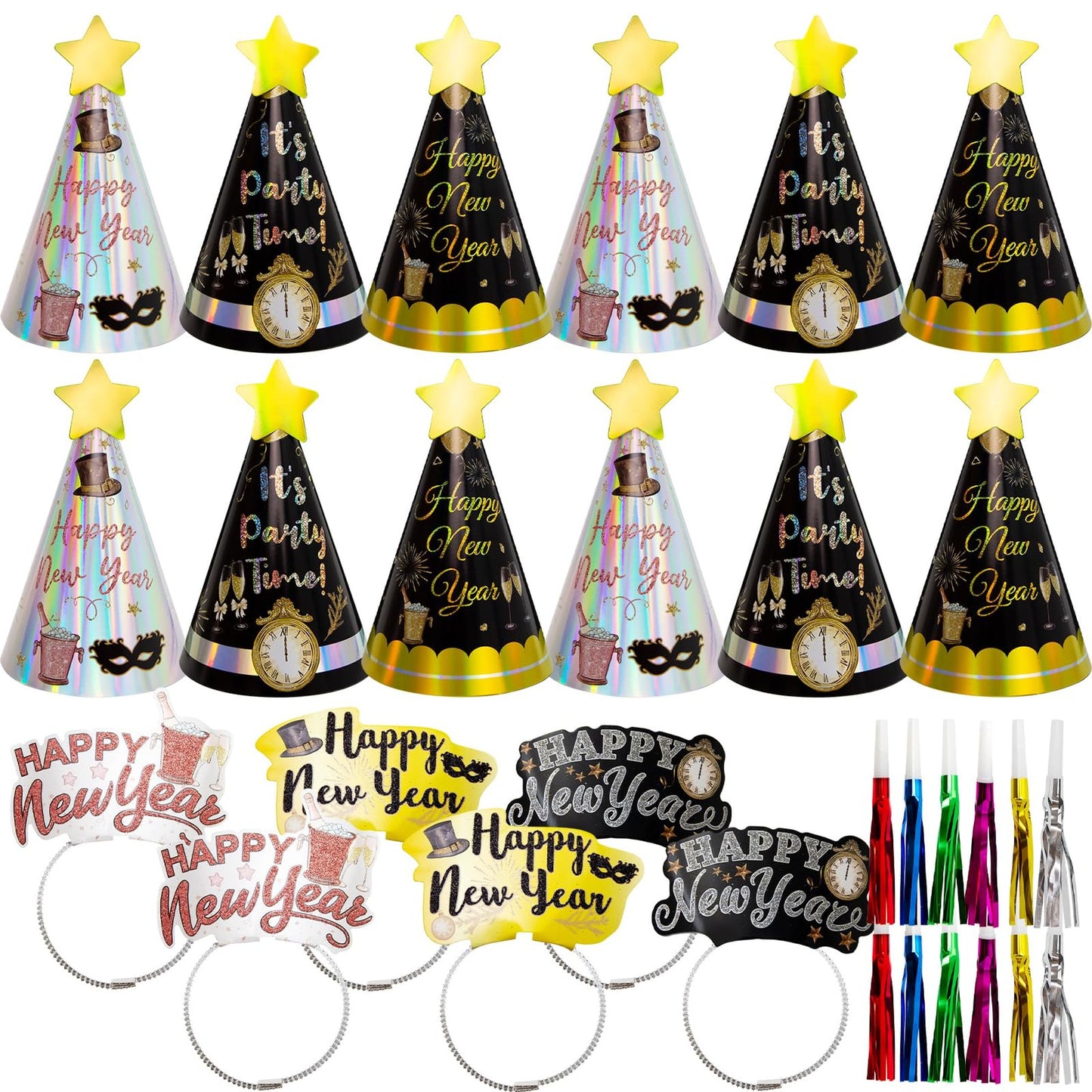 New Year's Eve Party Pack - 12 Hats, 12 Headbands, 12 Tiaras, 12 Squawkers - NYE Decorations & Favors Kit - Celebrate 2024 in Style!