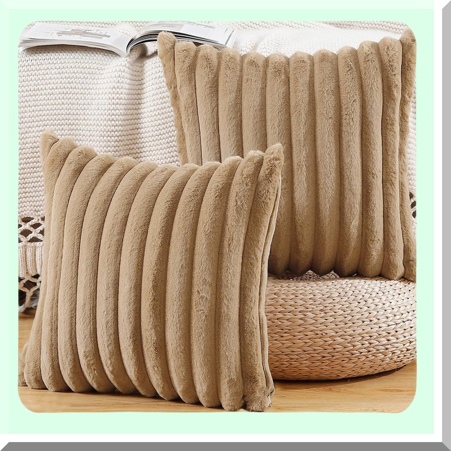 Camel Plush Stripe Pillow Covers - Set of 2 | Soft Wool Decorative Cushion Cases 20x20 Inch for Sofa & Bedroom | Fluffy & Cozy Pillow Shells