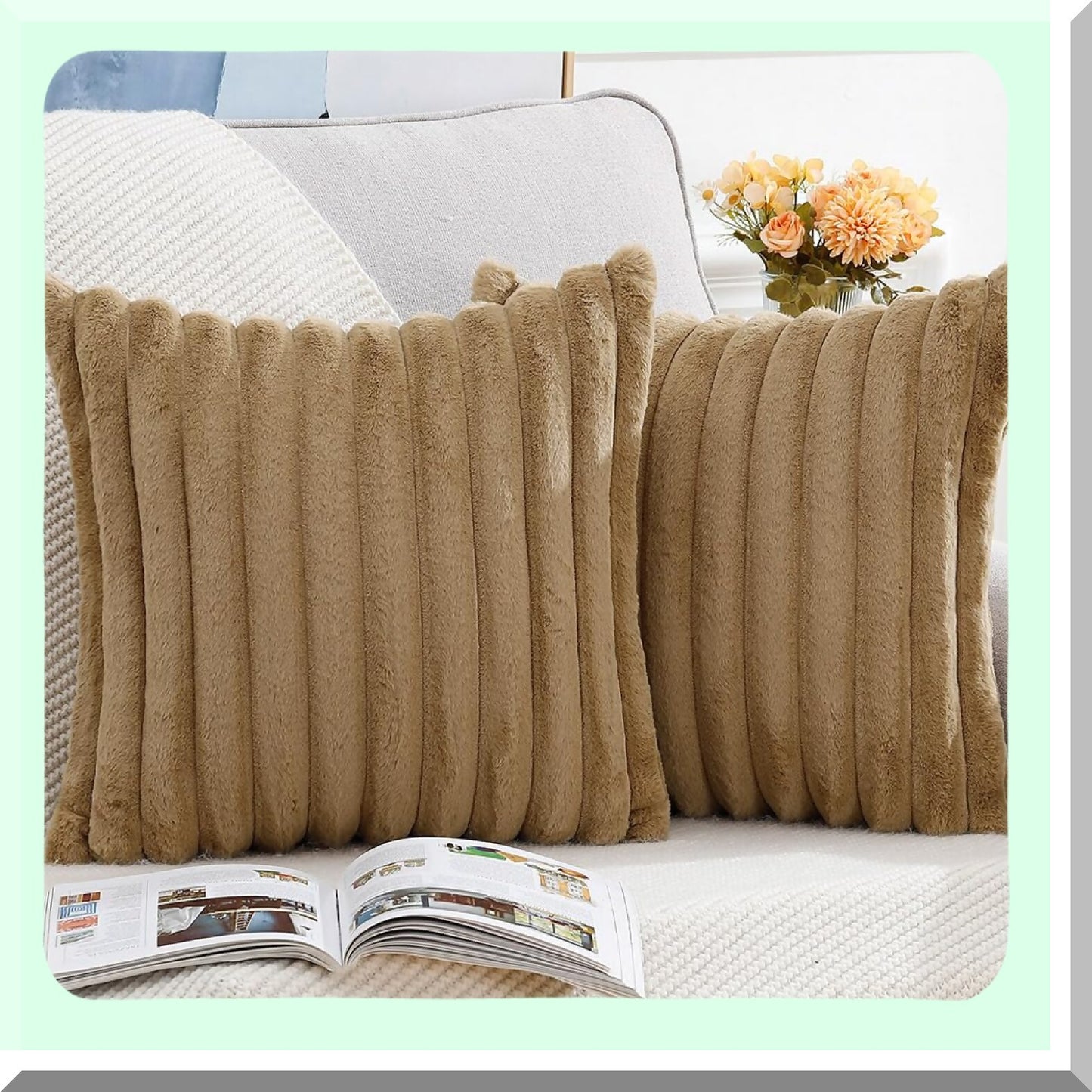 Camel Plush Stripe Pillow Covers - Set of 2 | Soft Wool Decorative Cushion Cases 20x20 Inch for Sofa & Bedroom | Fluffy & Cozy Pillow Shells