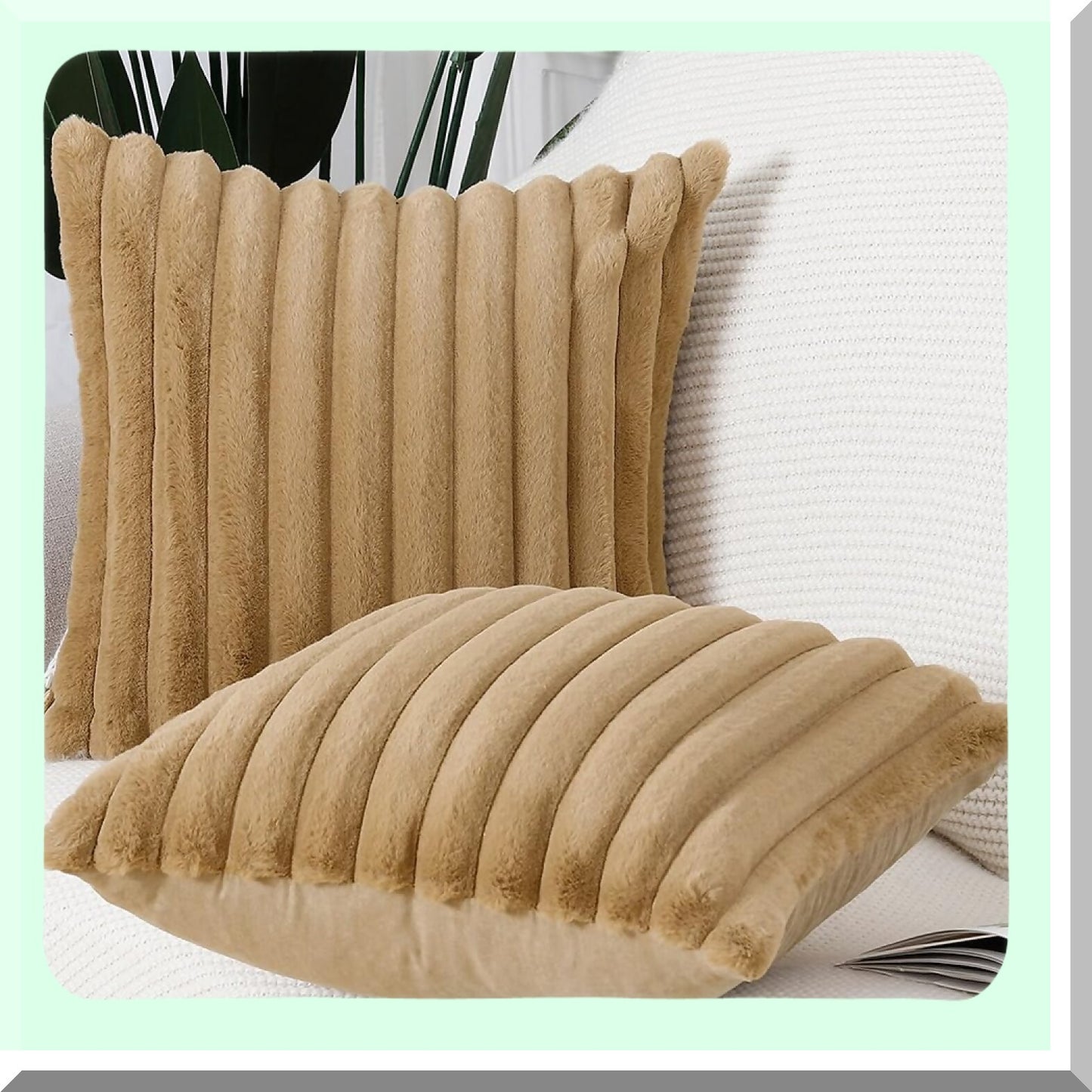 Camel Plush Stripe Pillow Covers - Set of 2 | Soft Wool Decorative Cushion Cases 20x20 Inch for Sofa & Bedroom | Fluffy & Cozy Pillow Shells