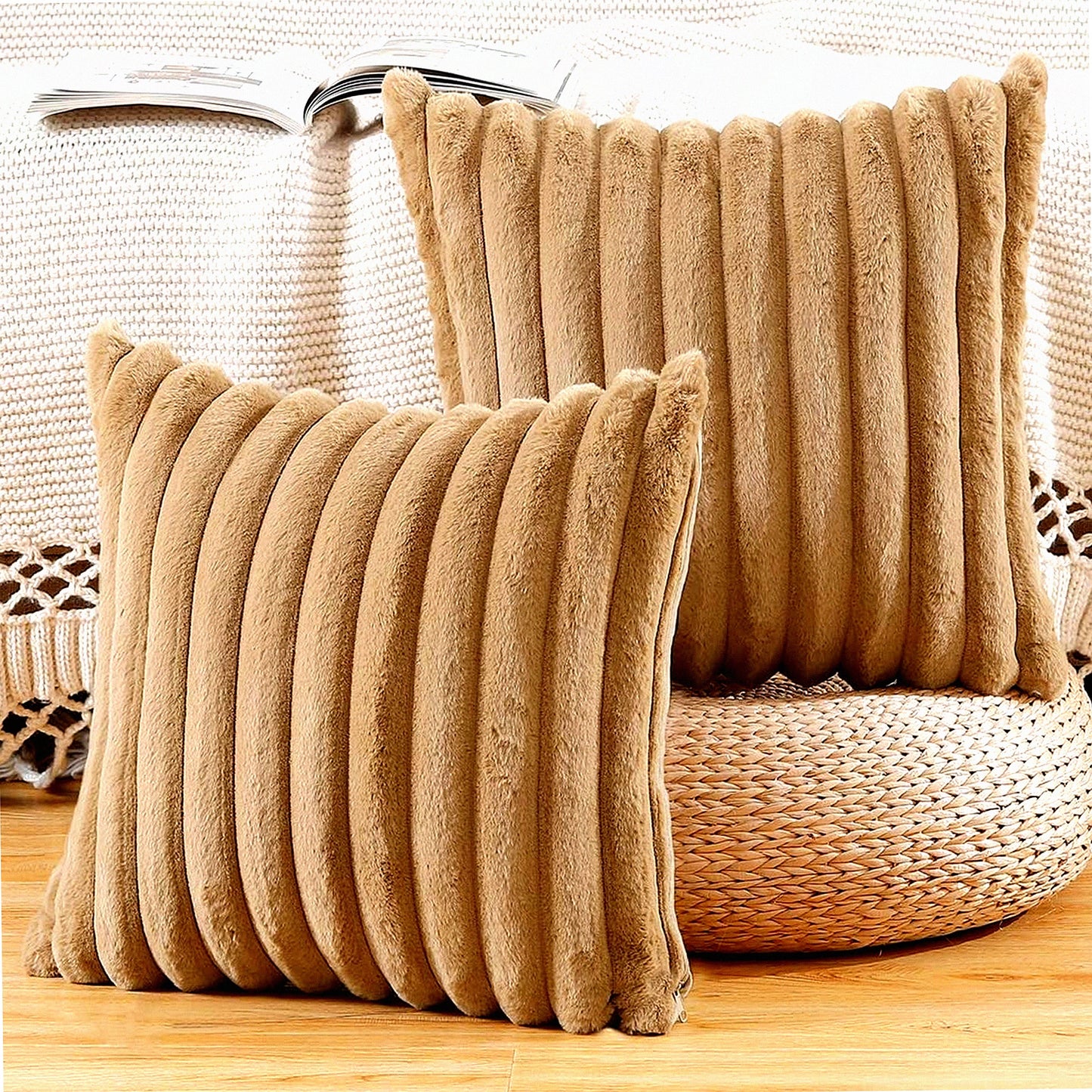 Camel Plush Stripe Pillow Covers - Set of 2 | Soft Wool Decorative Cushion Cases 20x20 Inch for Sofa & Bedroom | Fluffy & Cozy Pillow Shells