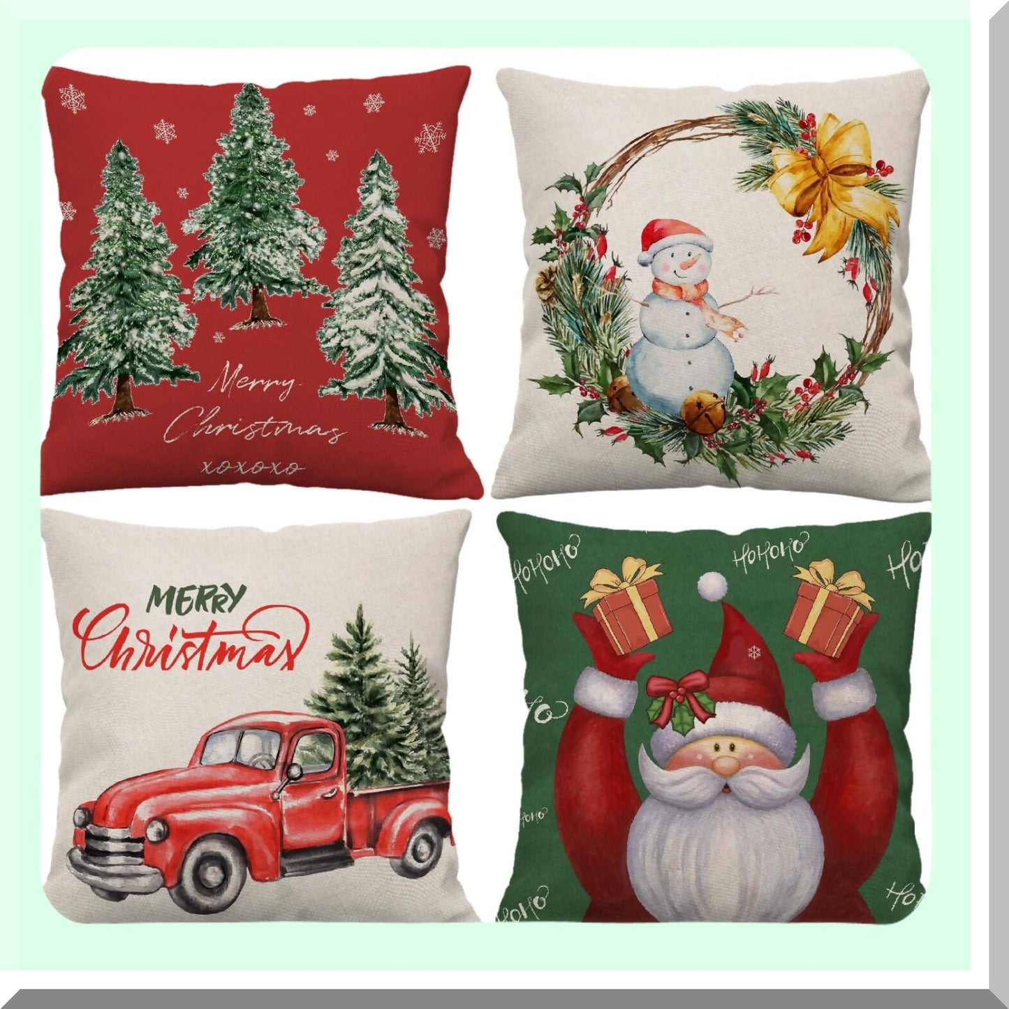 Holiday Cheer Pillow Cover Set - Festive Red Tree & Green Truck Throw Pillow Cases - Xmas Decorative Cushion Covers for Outdoor Couch & Sofa - 16x16 Set of 4