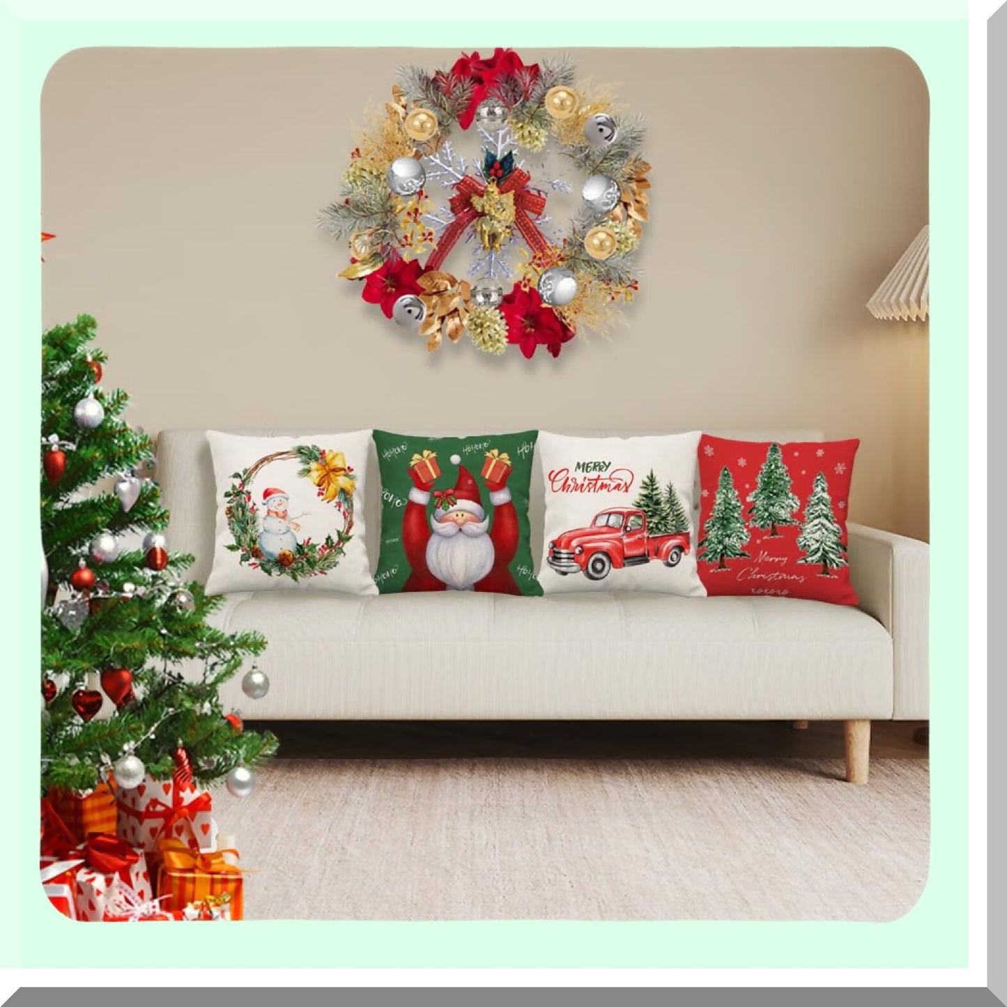Holiday Cheer Pillow Cover Set - Festive Red Tree & Green Truck Throw Pillow Cases - Xmas Decorative Cushion Covers for Outdoor Couch & Sofa - 16x16 Set of 4