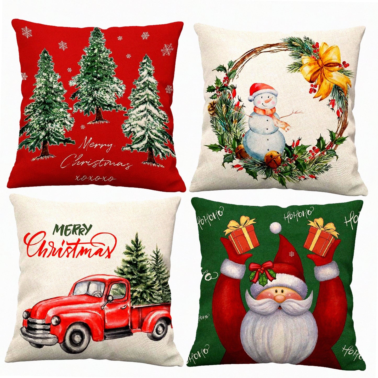 Holiday Cheer Pillow Cover Set - Festive Red Tree & Green Truck Throw Pillow Cases - Xmas Decorative Cushion Covers for Outdoor Couch & Sofa - 16x16 Set of 4