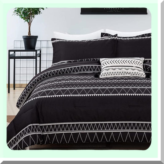 Boho Triangle Striped Queen Comforter Set - Reversible Down Alternative Bedding with 2 Pillowcases - Soft Microfiber 3 Piece Set 90"x 90"