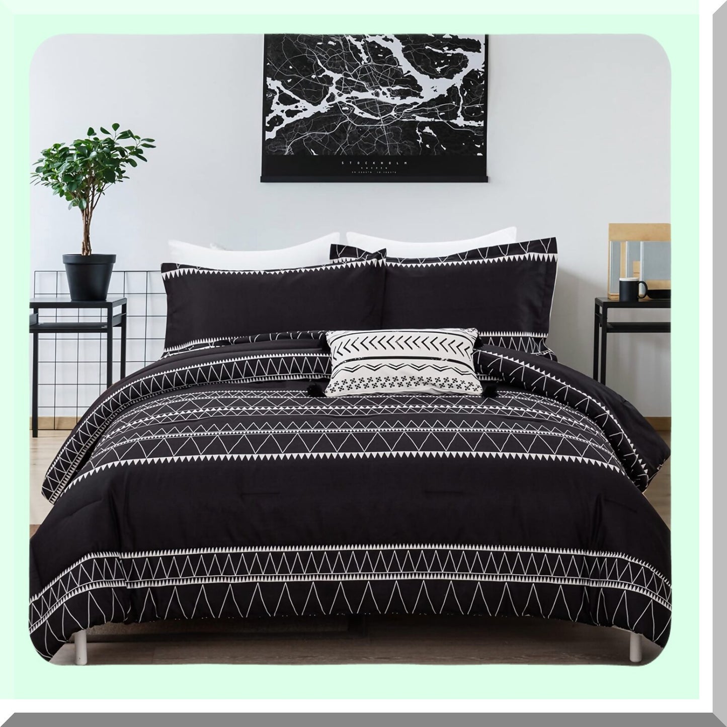 Boho Triangle Striped Queen Comforter Set - Reversible Down Alternative Bedding with 2 Pillowcases - Soft Microfiber 3 Piece Set 90"x 90"