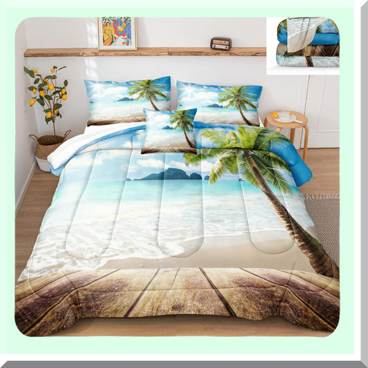 Tropical Breeze Queen Size Comforter Set - Palm Tree Seashore Bedspread for Beach Themed Room Decor. Create an Ocean Oasis in your Bedroom!