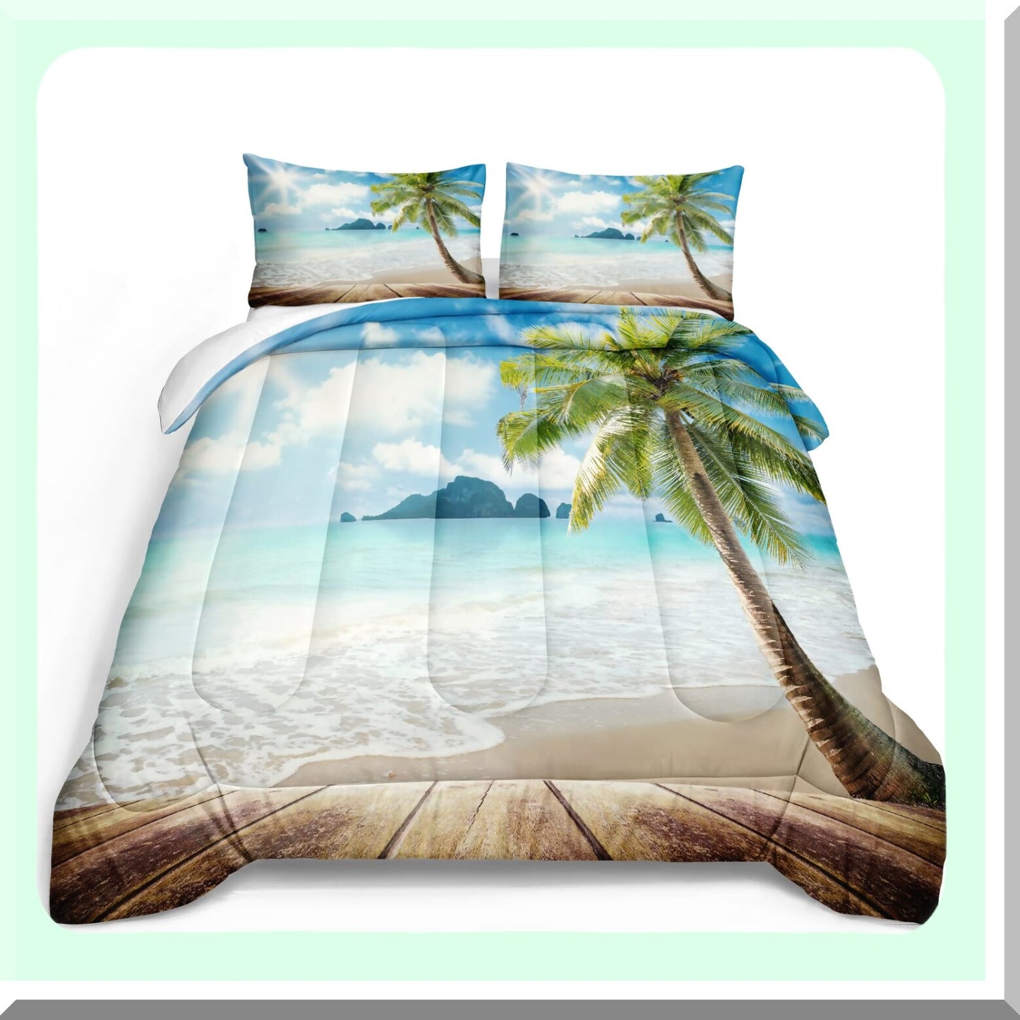 Tropical Breeze Queen Size Comforter Set - Palm Tree Seashore Bedspread for Beach Themed Room Decor. Create an Ocean Oasis in your Bedroom!