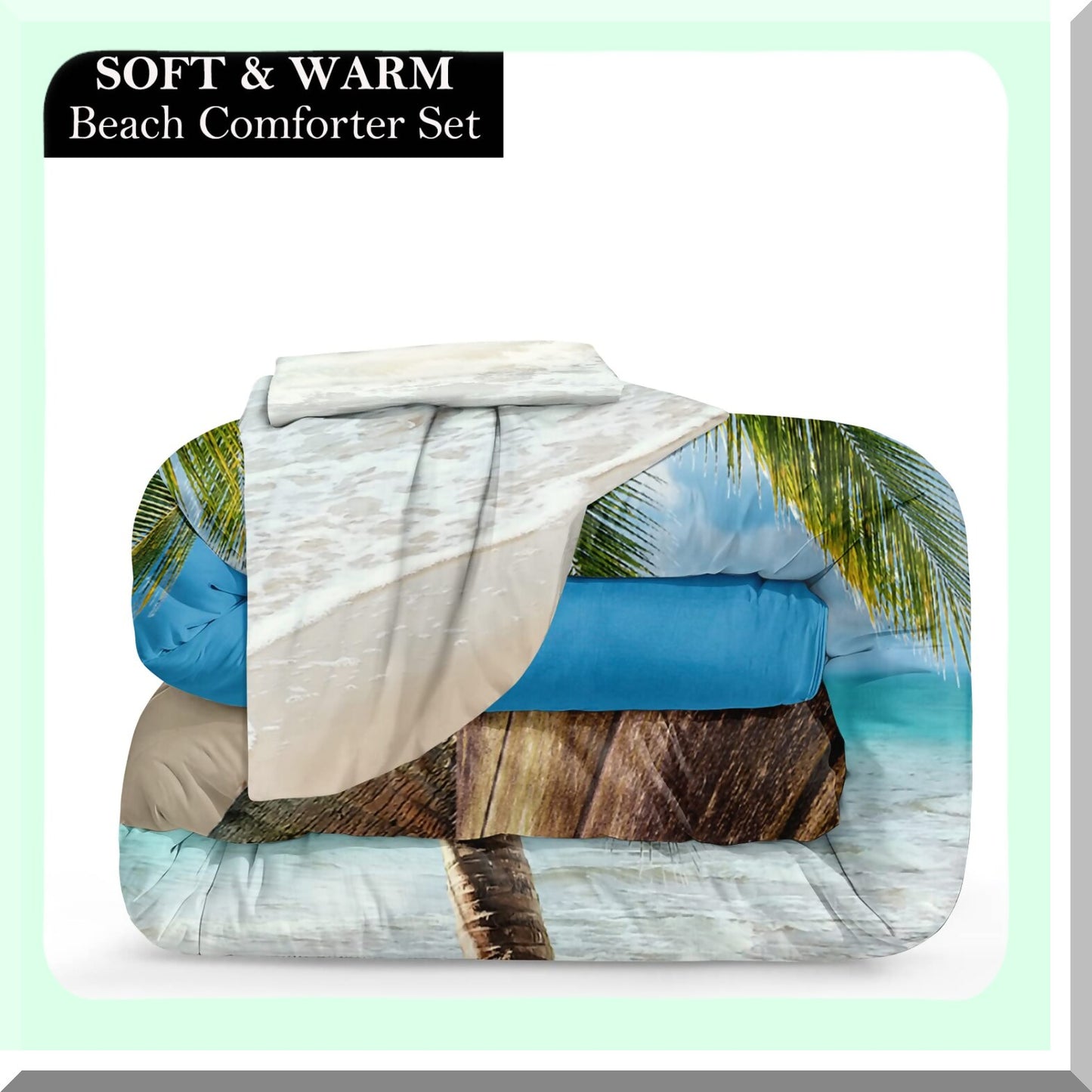Tropical Breeze Queen Size Comforter Set - Palm Tree Seashore Bedspread for Beach Themed Room Decor. Create an Ocean Oasis in your Bedroom!