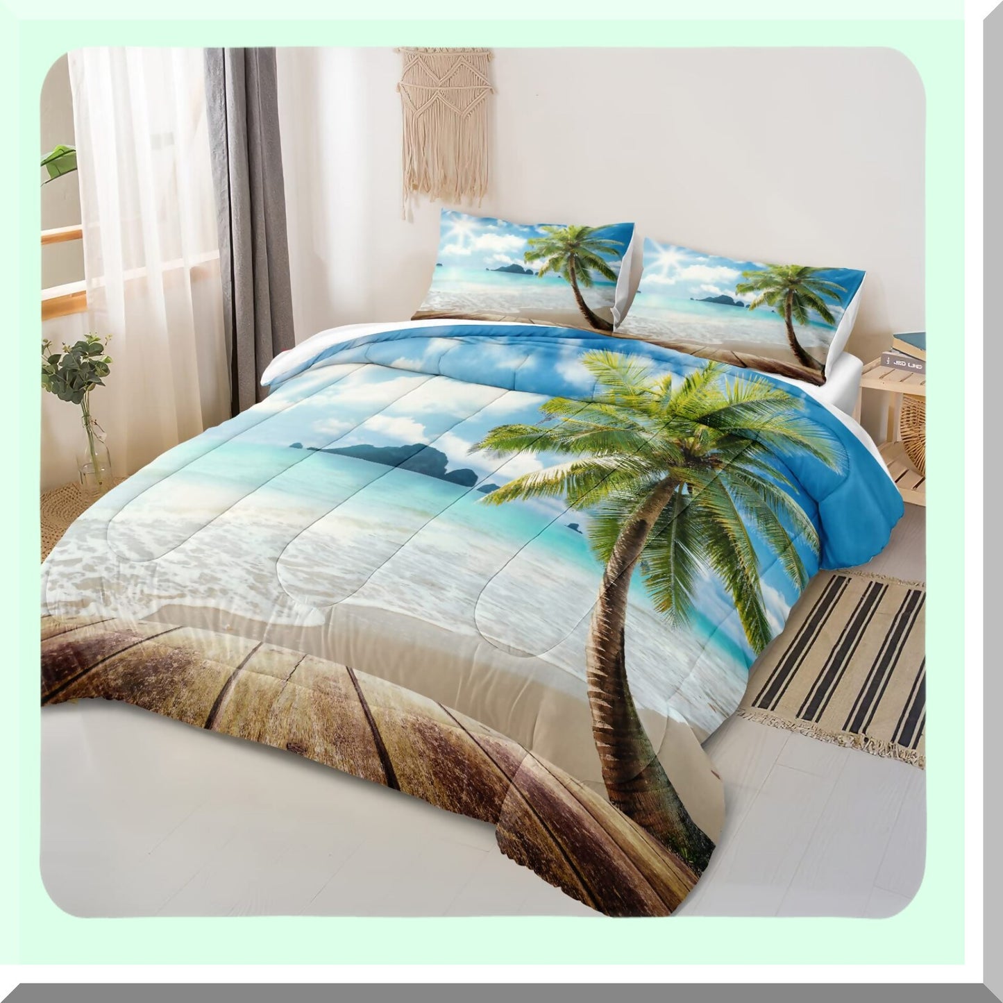 Tropical Breeze Queen Size Comforter Set - Palm Tree Seashore Bedspread for Beach Themed Room Decor. Create an Ocean Oasis in your Bedroom!
