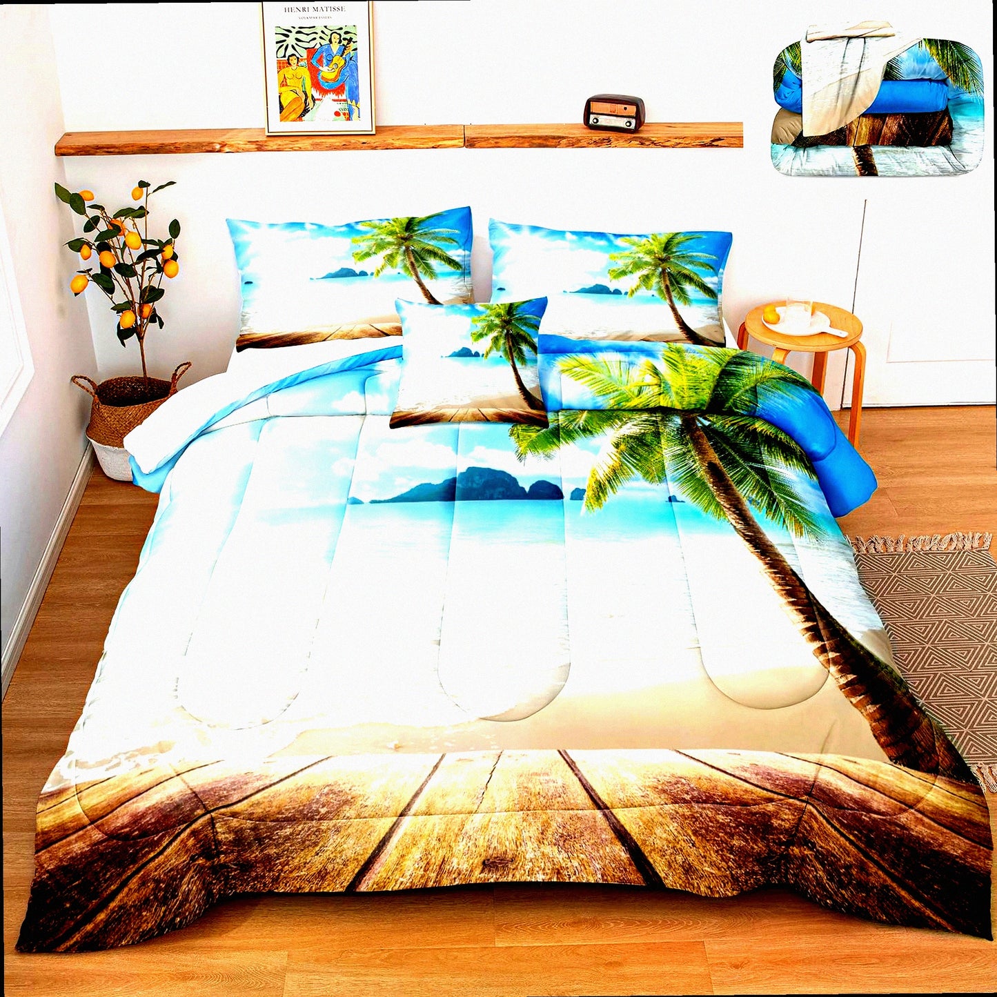 Tropical Breeze Queen Size Comforter Set - Palm Tree Seashore Bedspread for Beach Themed Room Decor. Create an Ocean Oasis in your Bedroom!