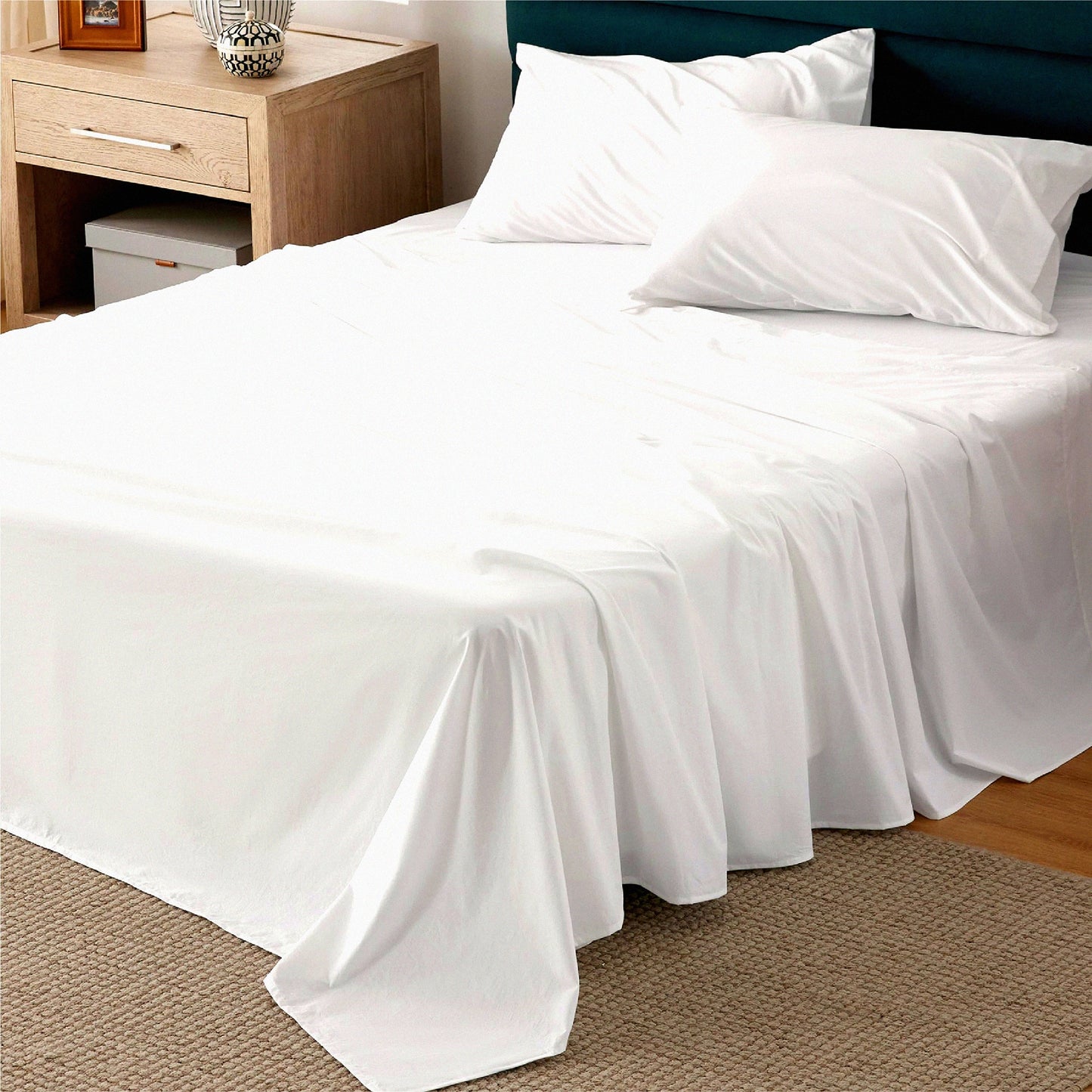 CoolCotton Queen Sheet Set - Soft Percale Bedding with Deep Pocket, Breathable & Cooling 100% Cotton Sheets, White 4 Piece Sheet Set with Pillowcases.