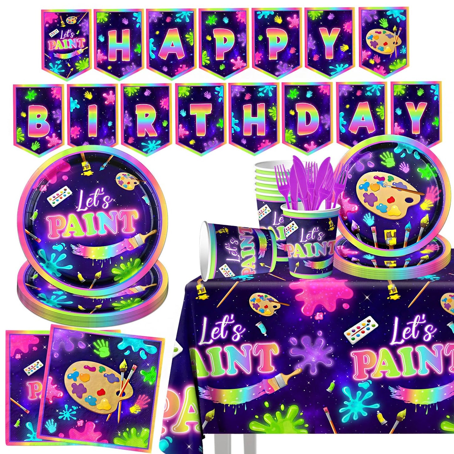 Neon Paint Splatter Party Pack - 142pcs Art Painting Supplies Set for Kids Sip and Paint Party. Includes Dessert Plates, Napkins, Tablecloth, and Decorations. Let's Get Creative!