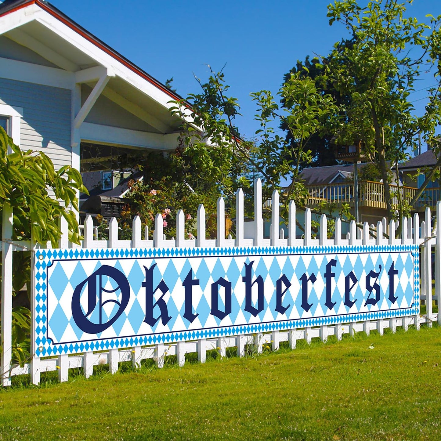 Bavarian Check Oktoberfest Yard Banner - Large 118" x 19.7" German Theme Beer Festival Decoration - White and Blue Welcome Sign for Lawn Fence