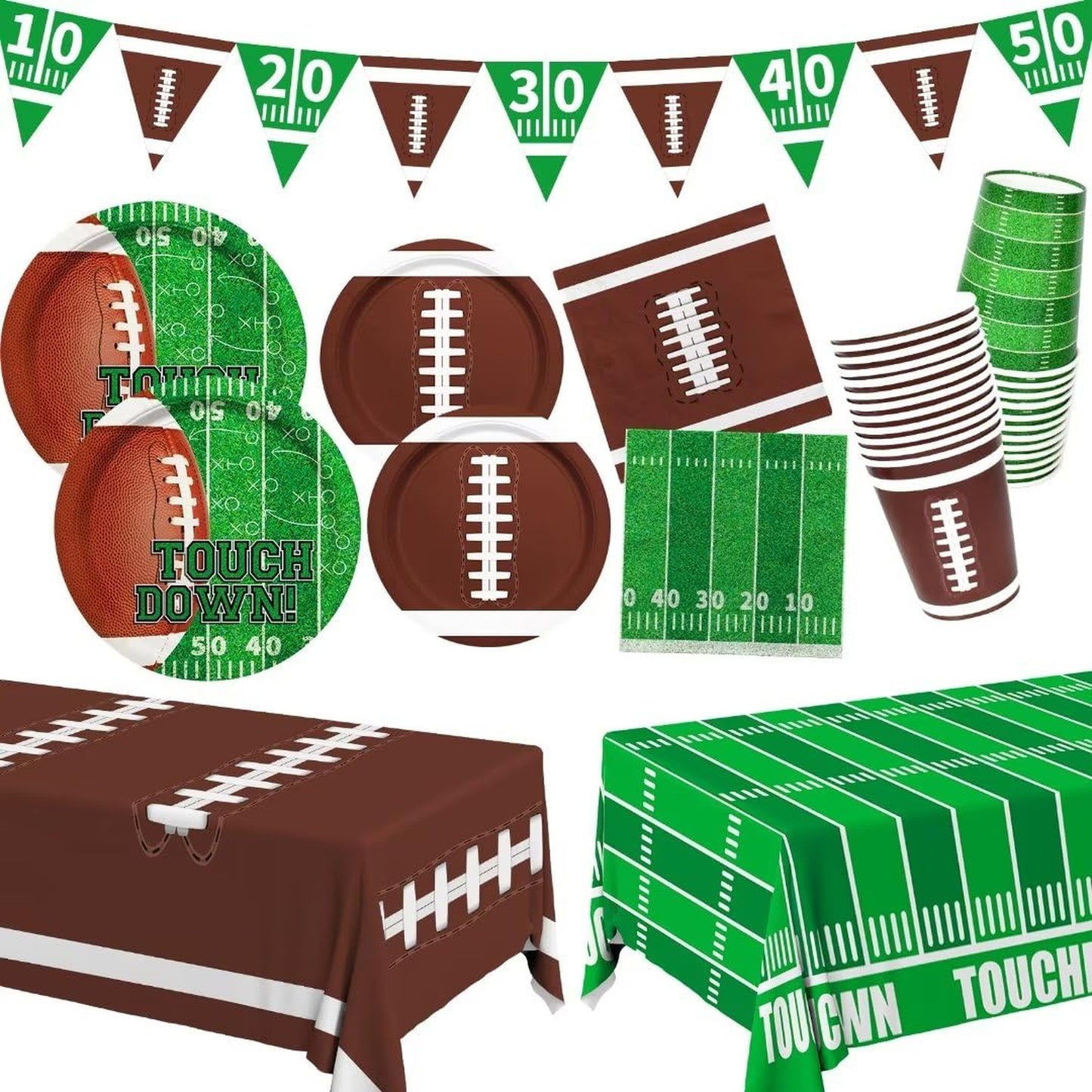 Touchdown Tailgate Party Pack - Complete Football Party Supplies Kit for 24 Guests. Includes Plates, Napkins, Cups, Banner, and Tablecloth. Perfect for Football Birthday Parties and Gameday Celebrations!