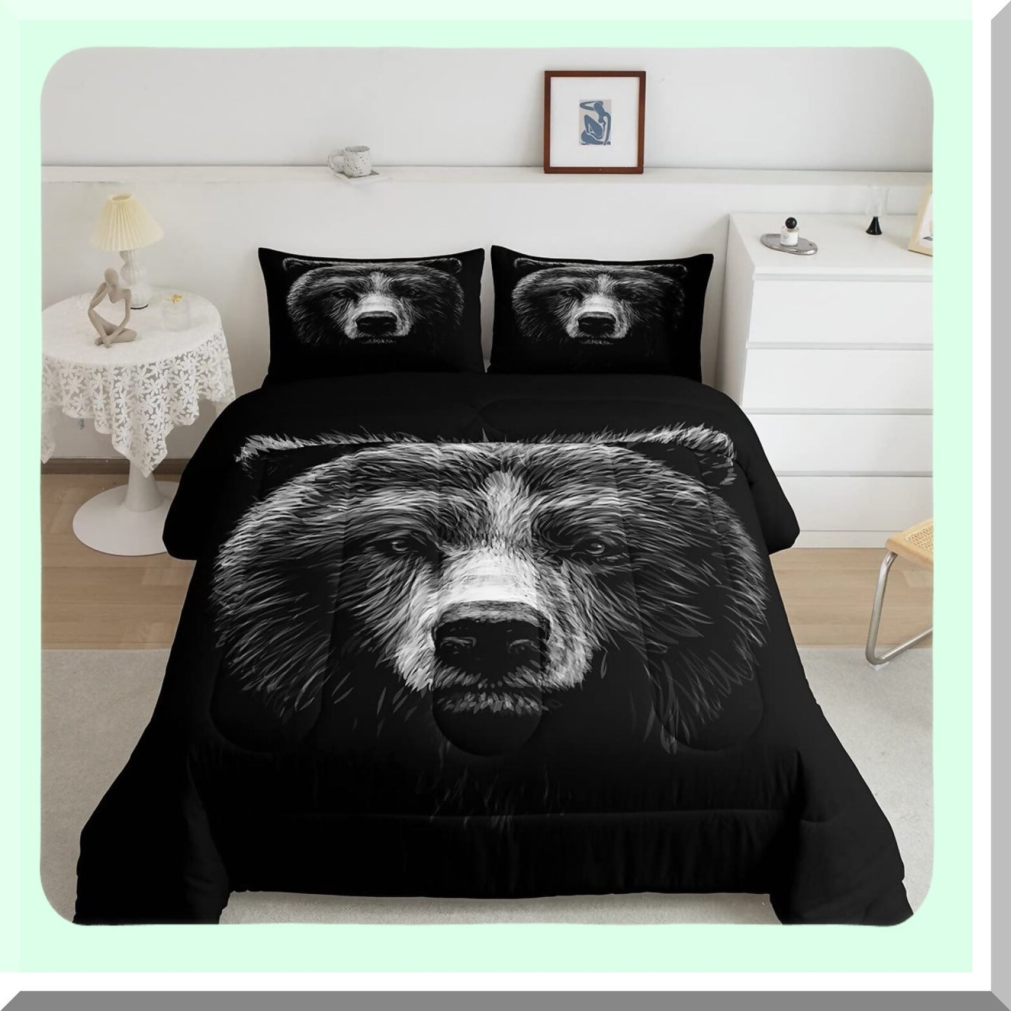 Fierce Bear 3D Queen Comforter Set - Black Animal Theme Duvet Insert for Women - Quilted Bedding Comforters for Bedroom Decor - 3 Piece Set