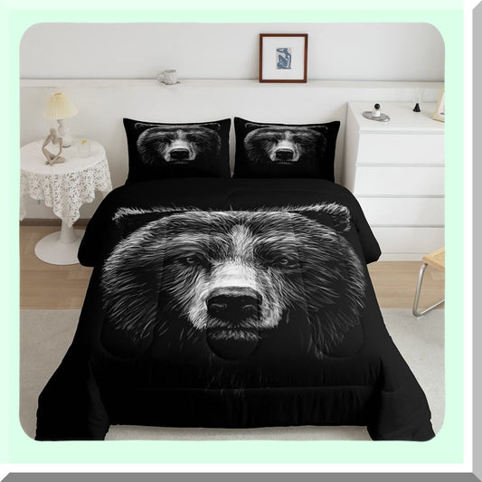 Fierce Bear 3D Queen Comforter Set - Black Animal Theme Duvet Insert for Women - Quilted Bedding Comforters for Bedroom Decor - 3 Piece Set