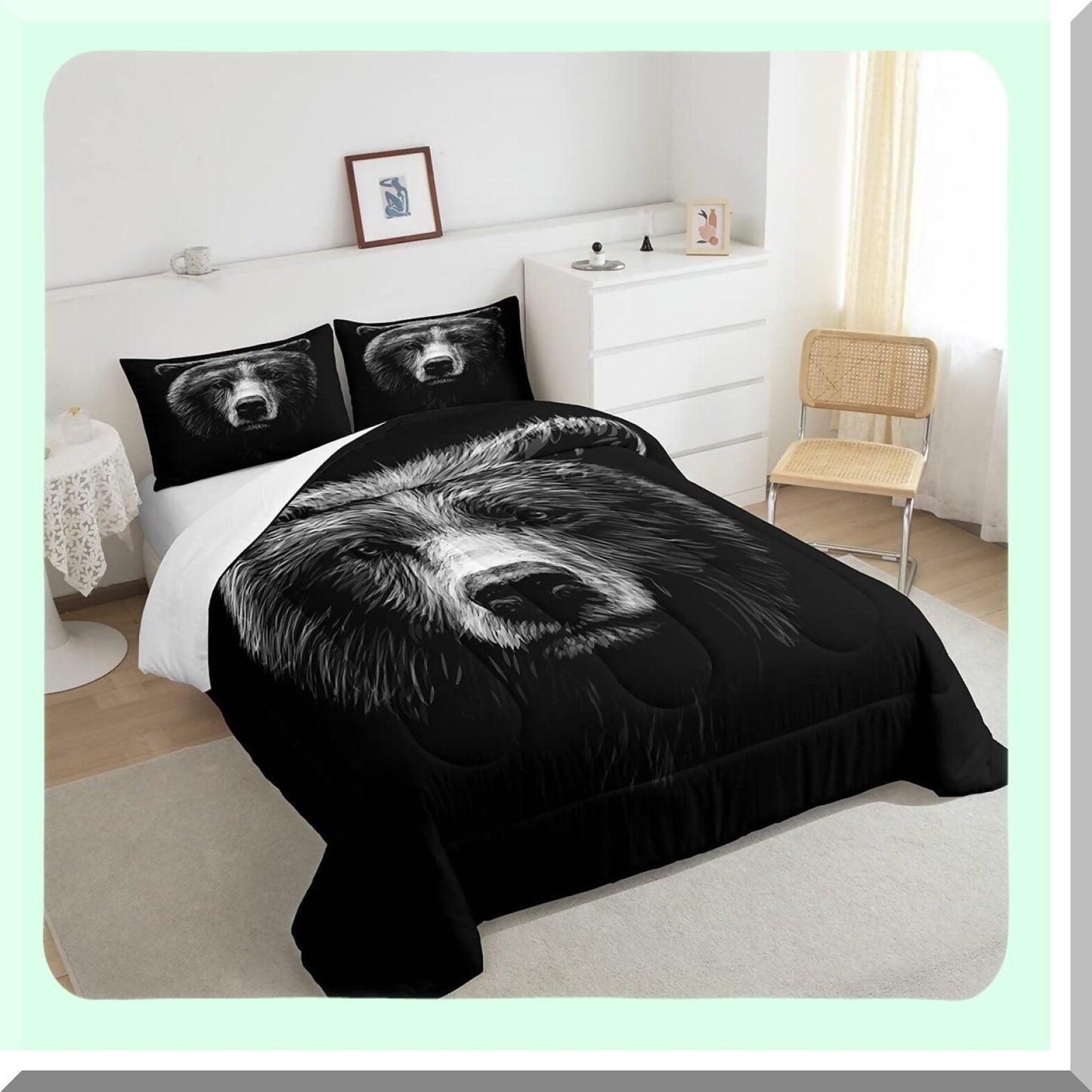Fierce Bear 3D Queen Comforter Set - Black Animal Theme Duvet Insert for Women - Quilted Bedding Comforters for Bedroom Decor - 3 Piece Set