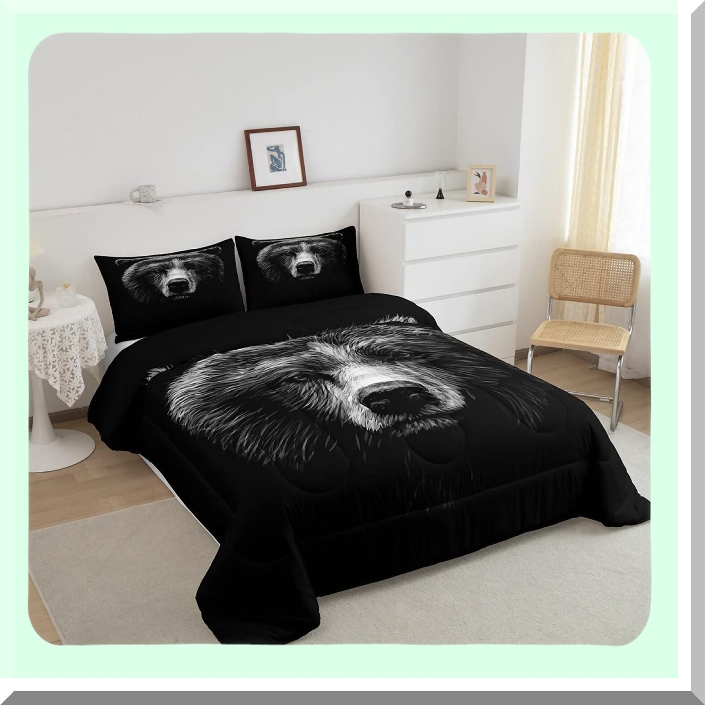 Fierce Bear 3D Queen Comforter Set - Black Animal Theme Duvet Insert for Women - Quilted Bedding Comforters for Bedroom Decor - 3 Piece Set